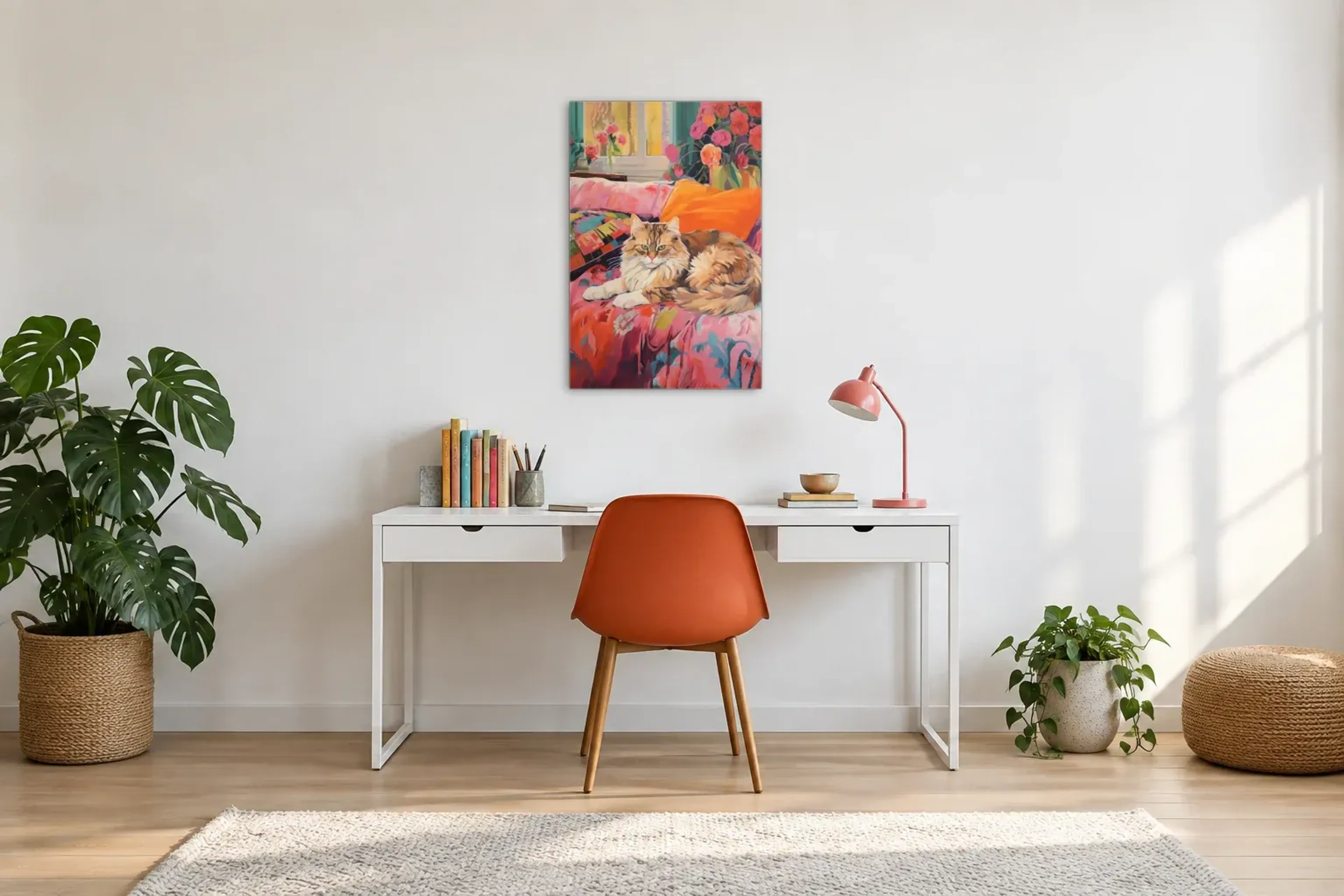 Katze auf buntem Sofa als Wandbild über einem 140-cm-Schreibtisch