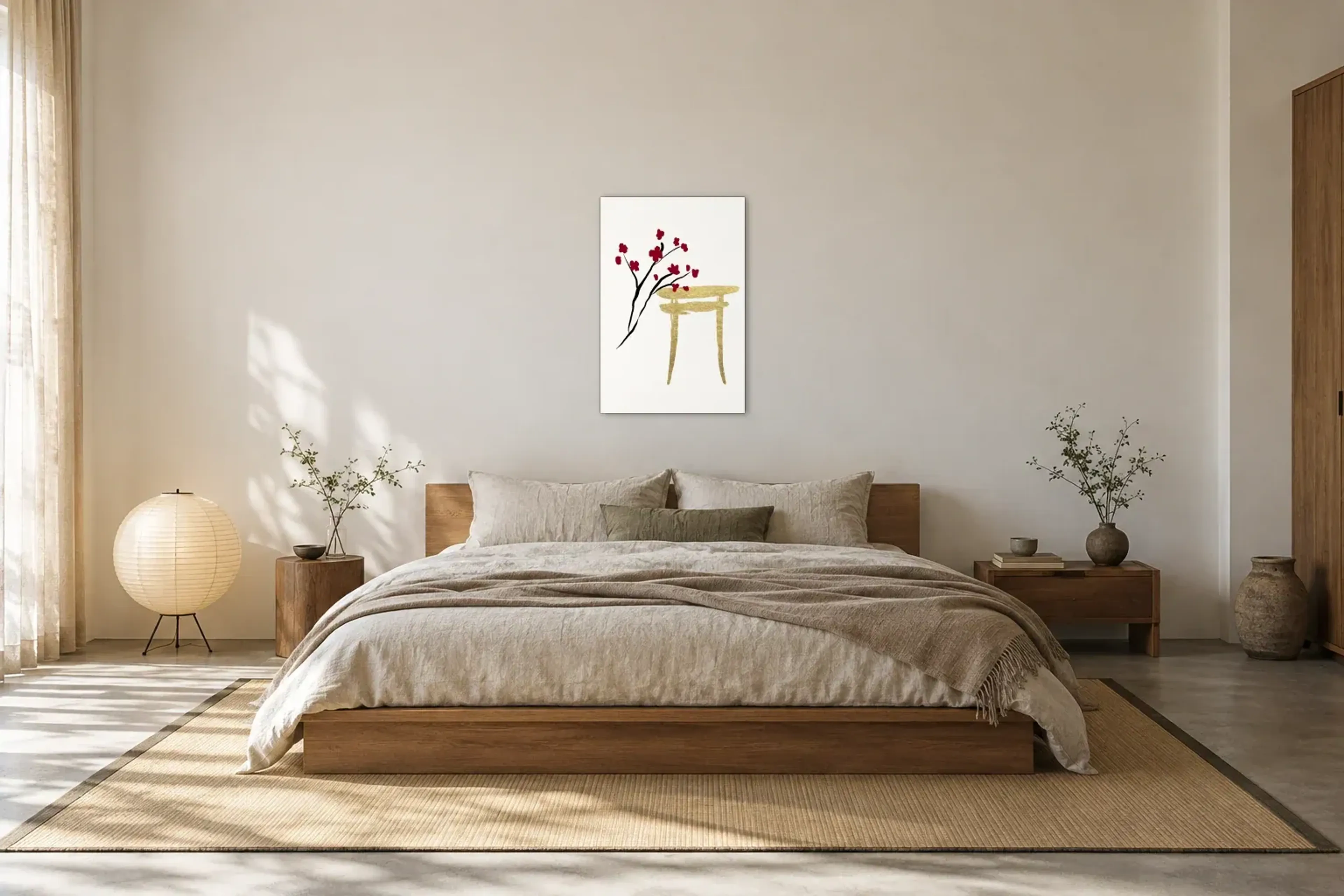 Goldenes Tor mit Blüten als Wandbild über einem 180-cm-Bett