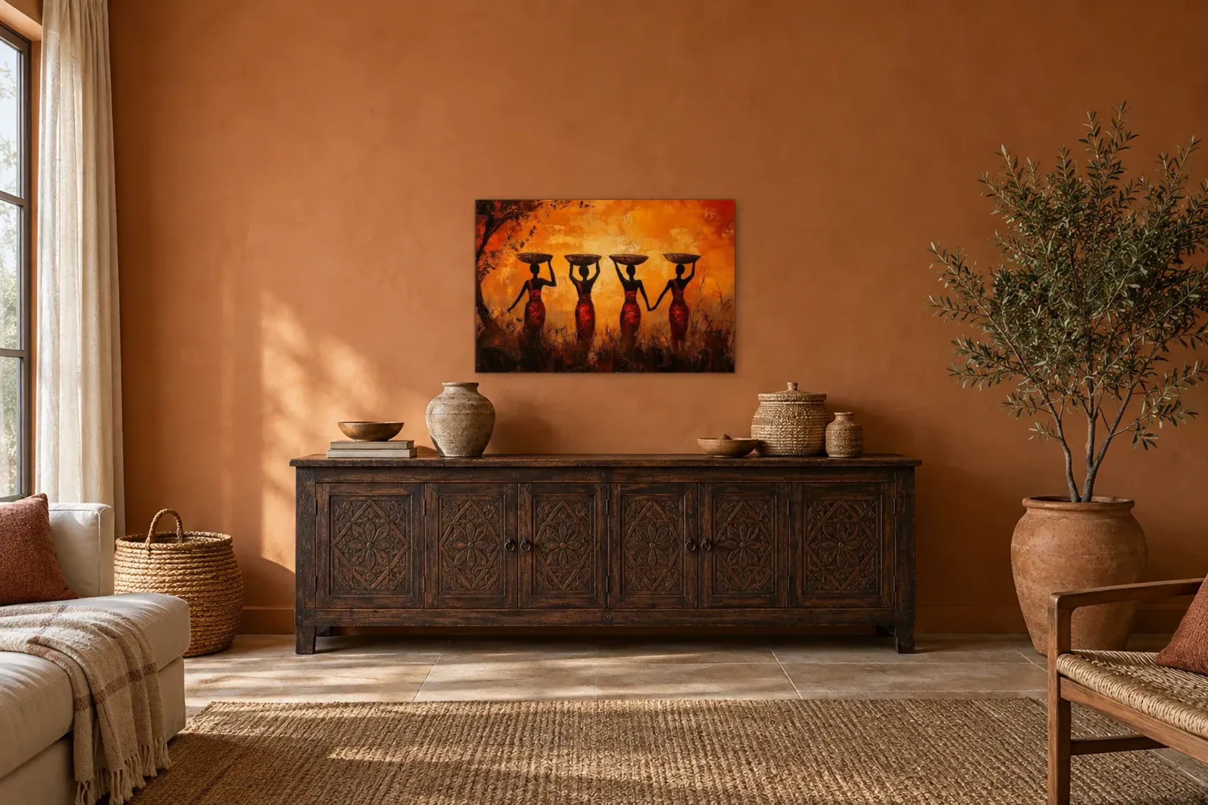 Frauen mit Schalen als Wandbild über einem 180-cm-Sideboard