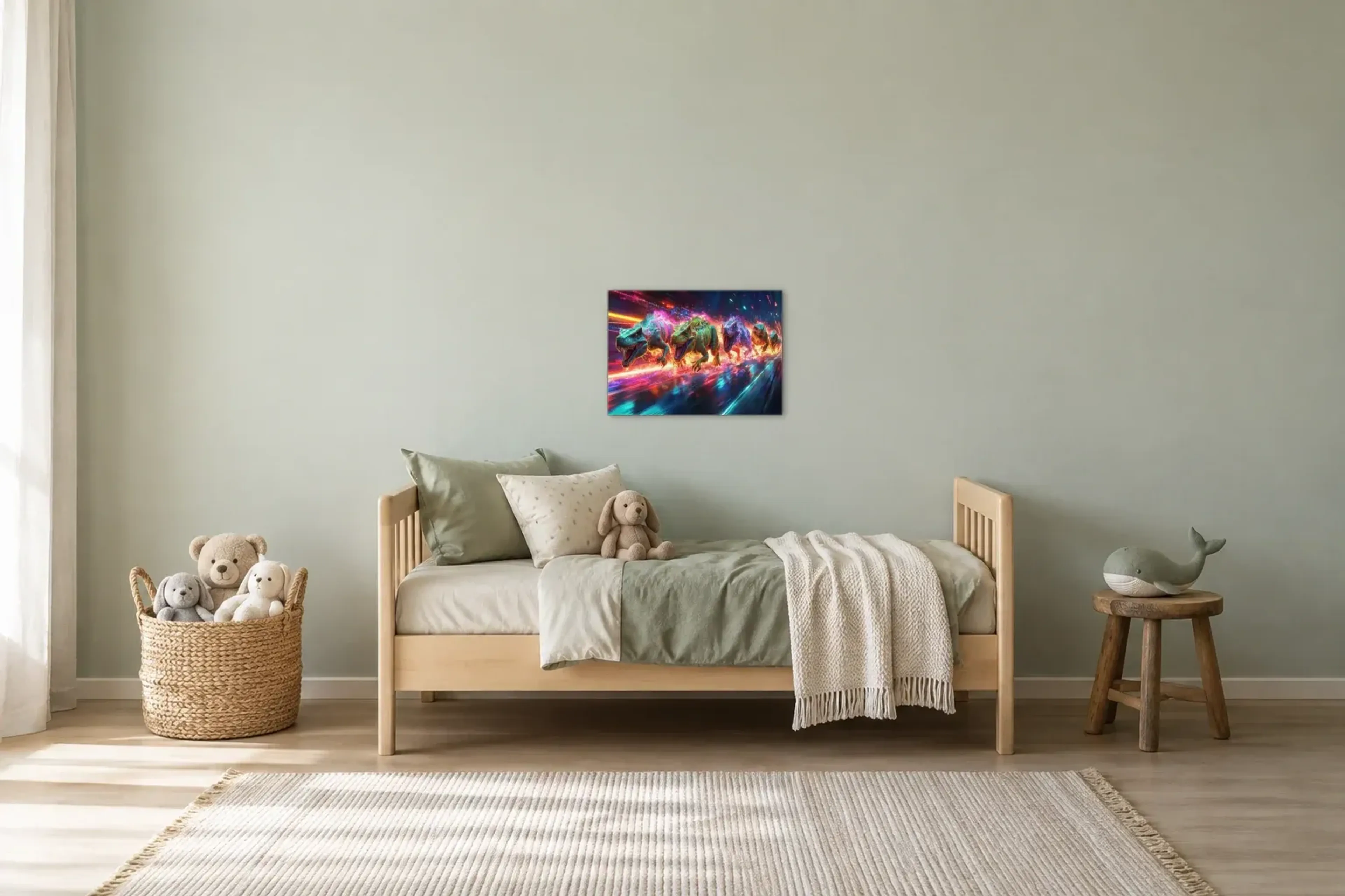 Dinos im Neonlauf als Wandbild über einem 200-cm-Kinderbett