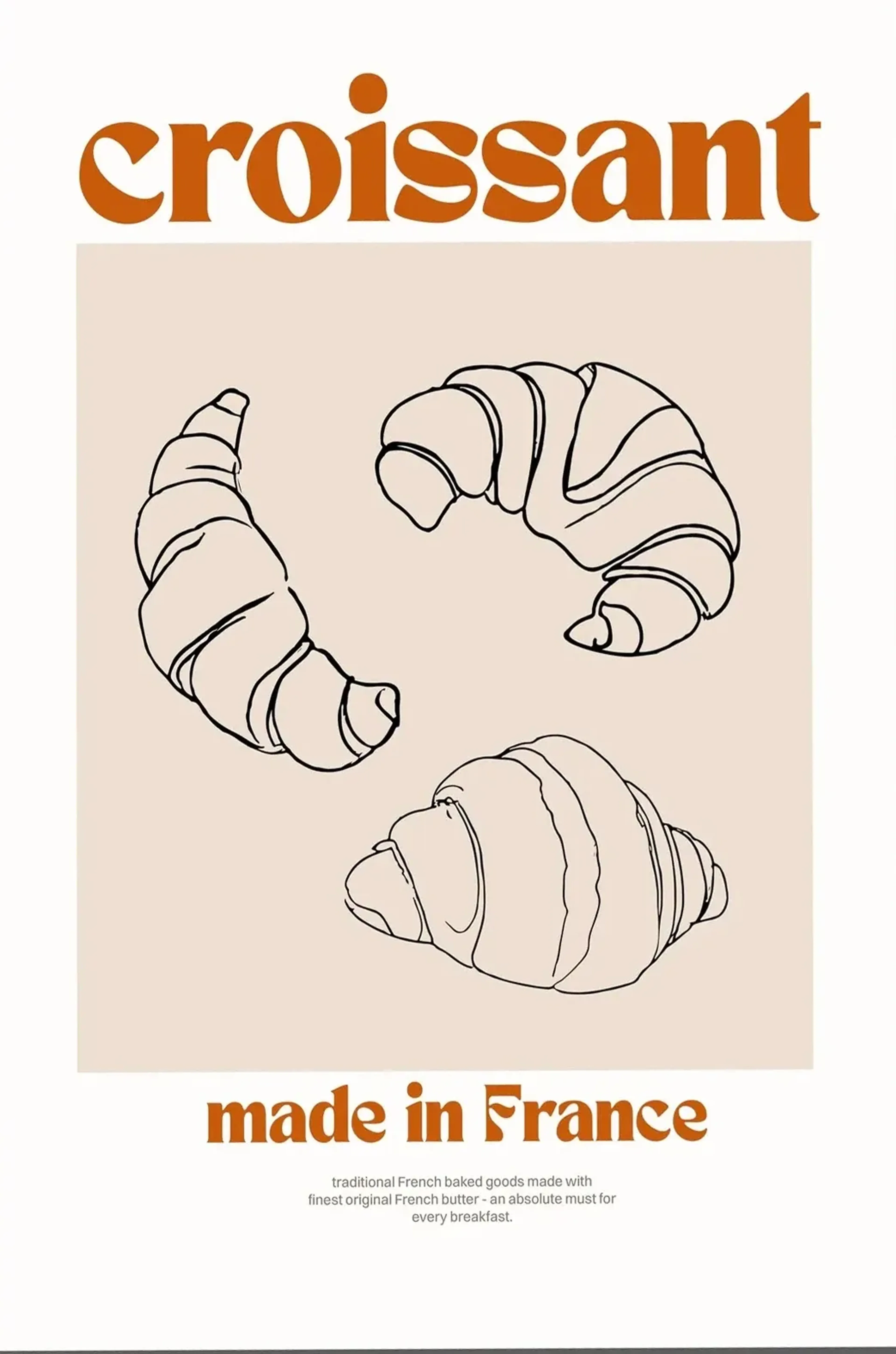 Drei schwarz konturierte Croissants auf Beige, eingerahmt von rostorangefarbener Schrift auf weißem Grund.