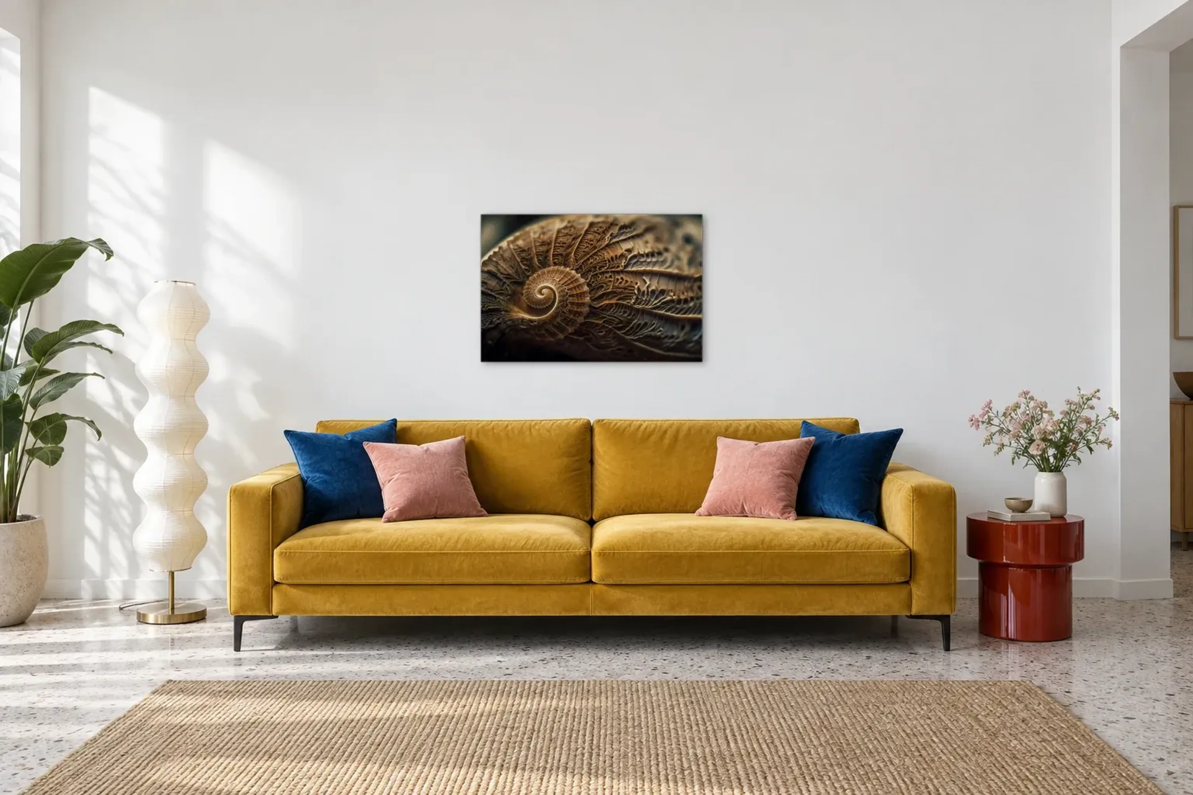 Spirale in Erdtönen als Wandbild über einem 220-cm-Sofa