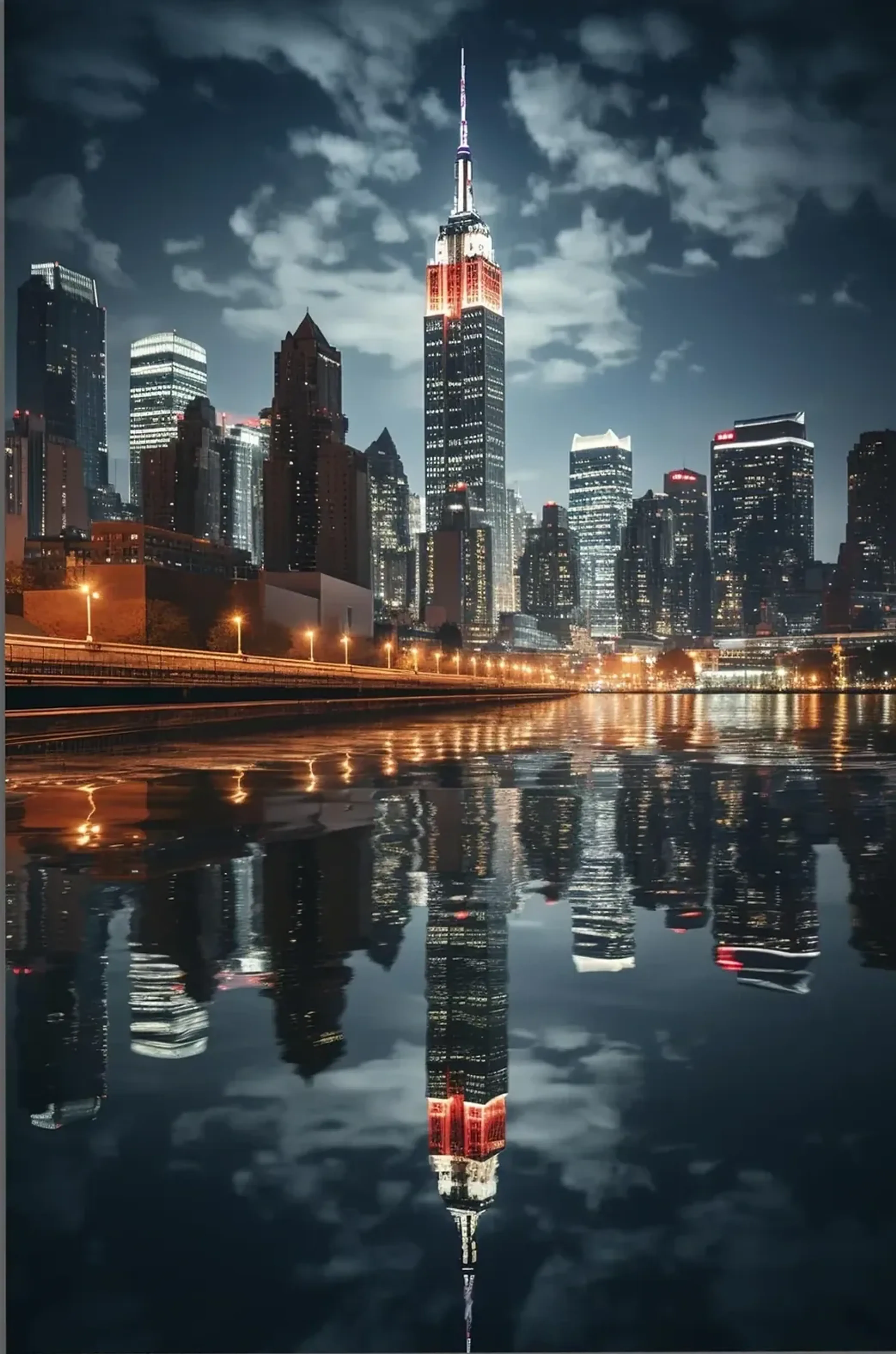Das rot und weiß beleuchtete Empire State Building und umliegende Hochhäuser spiegeln sich im Wasser.