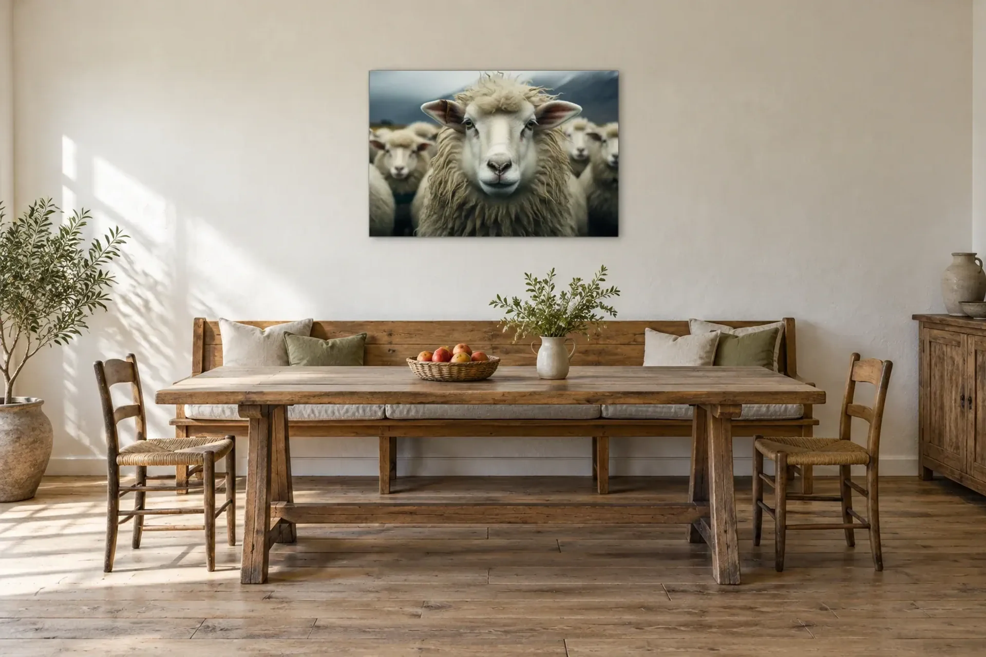 Schaf in der Herde als Wandbild über einer 200-cm-Sitzbank