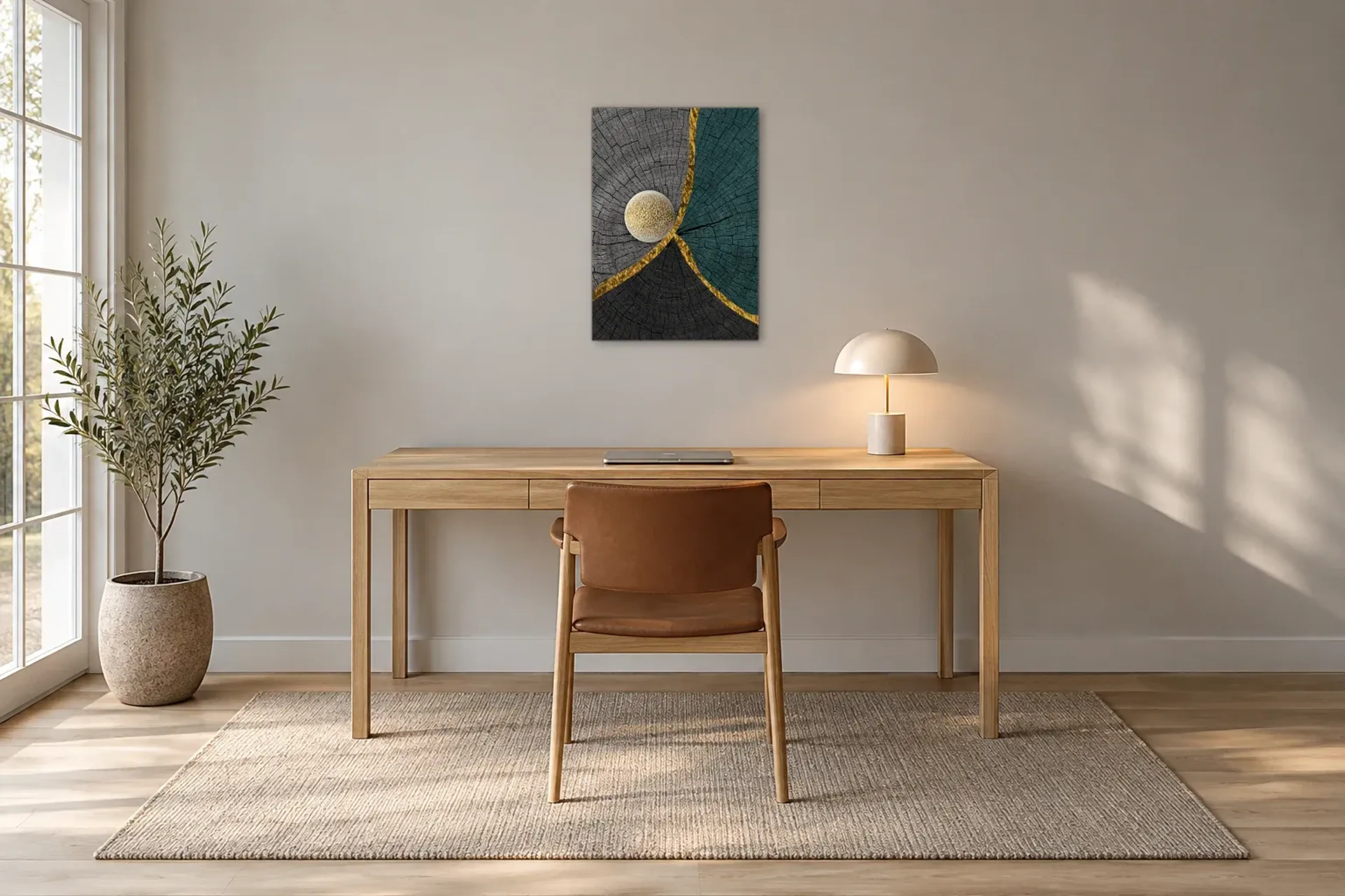 Holzringe mit Goldlinien als Wandbild über einem 160-cm-Schreibtisch