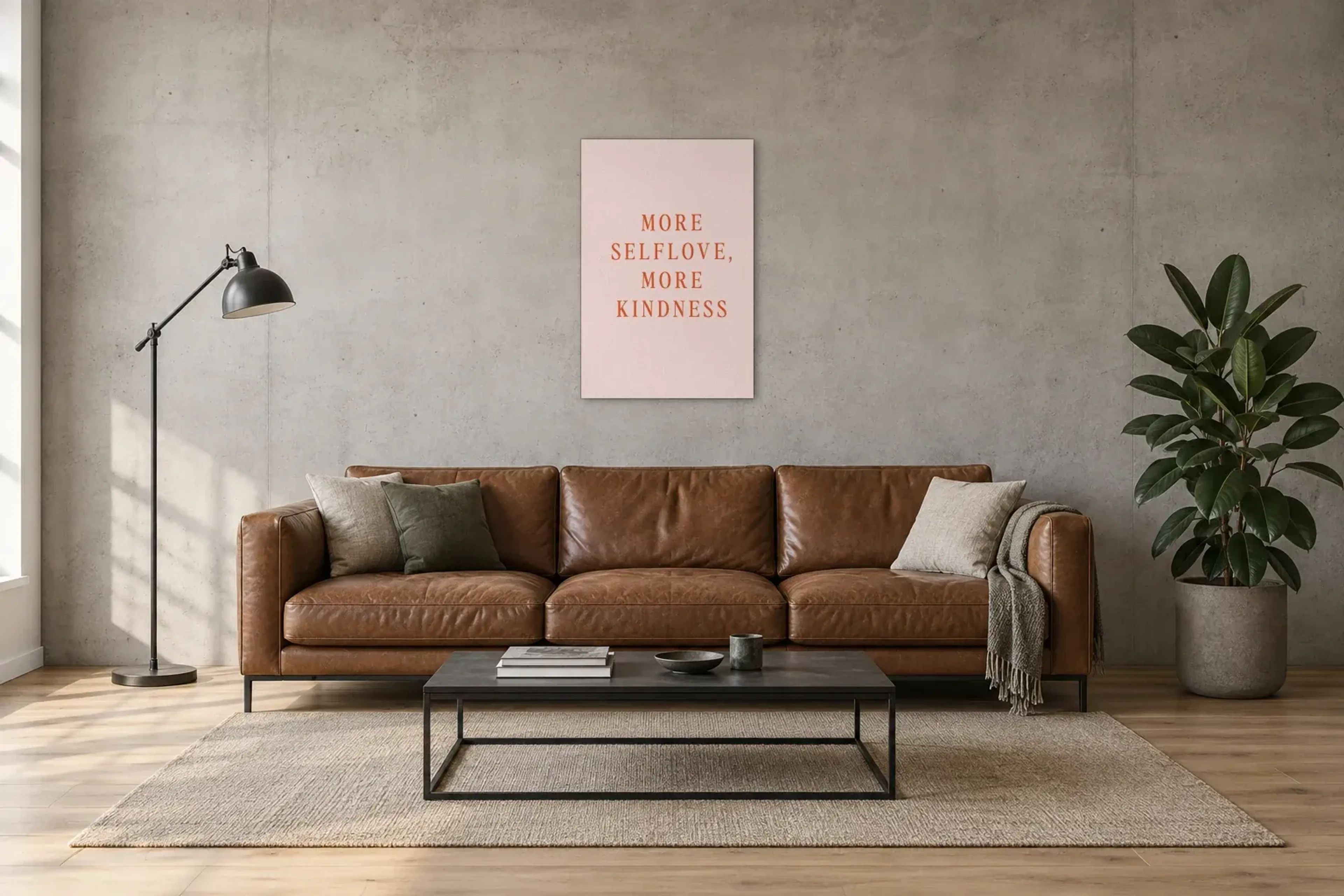 Selflove als Wandbild über einem 220-cm-Sofa