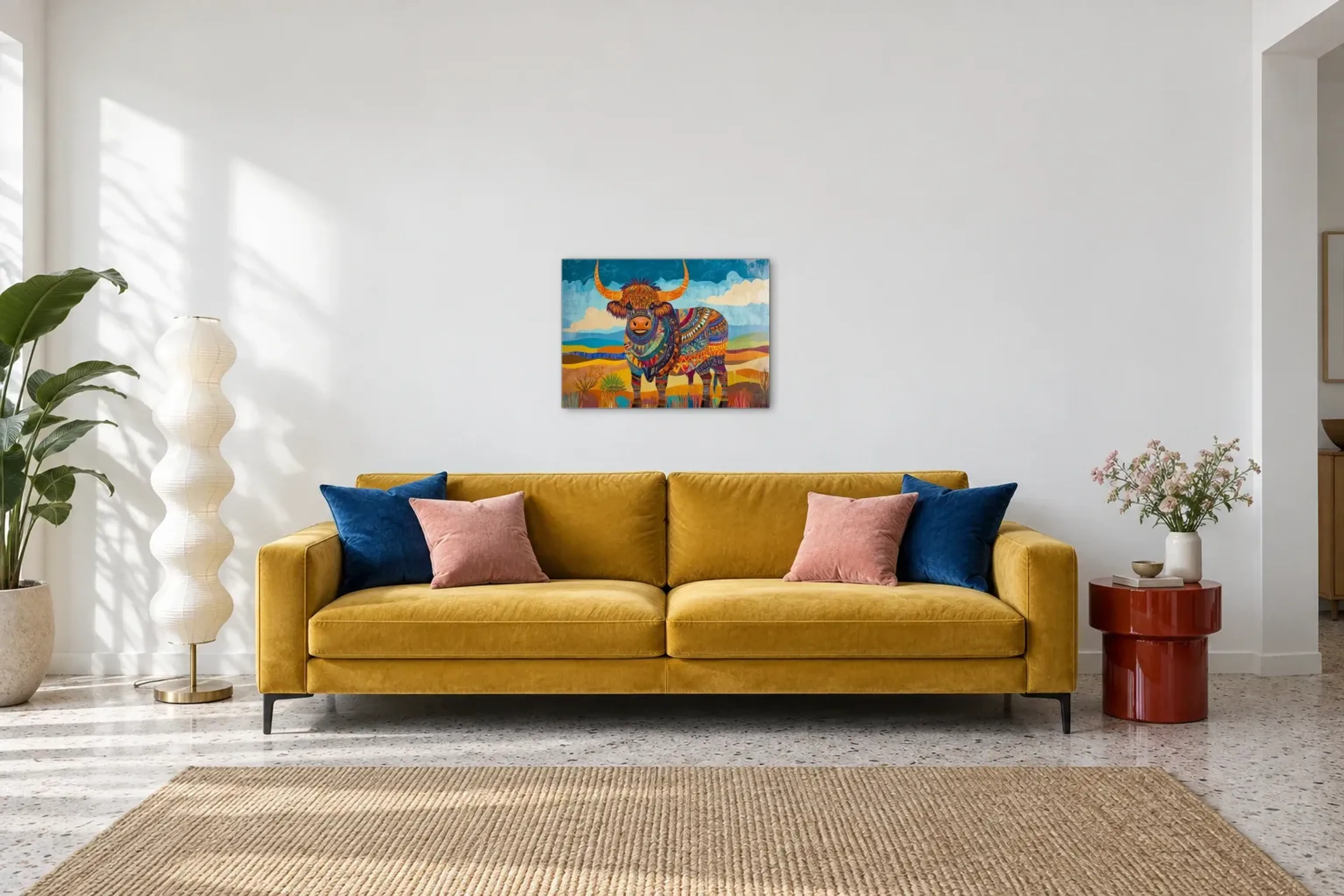 Hochlandrind voller Muster als Wandbild über einem 220-cm-Sofa