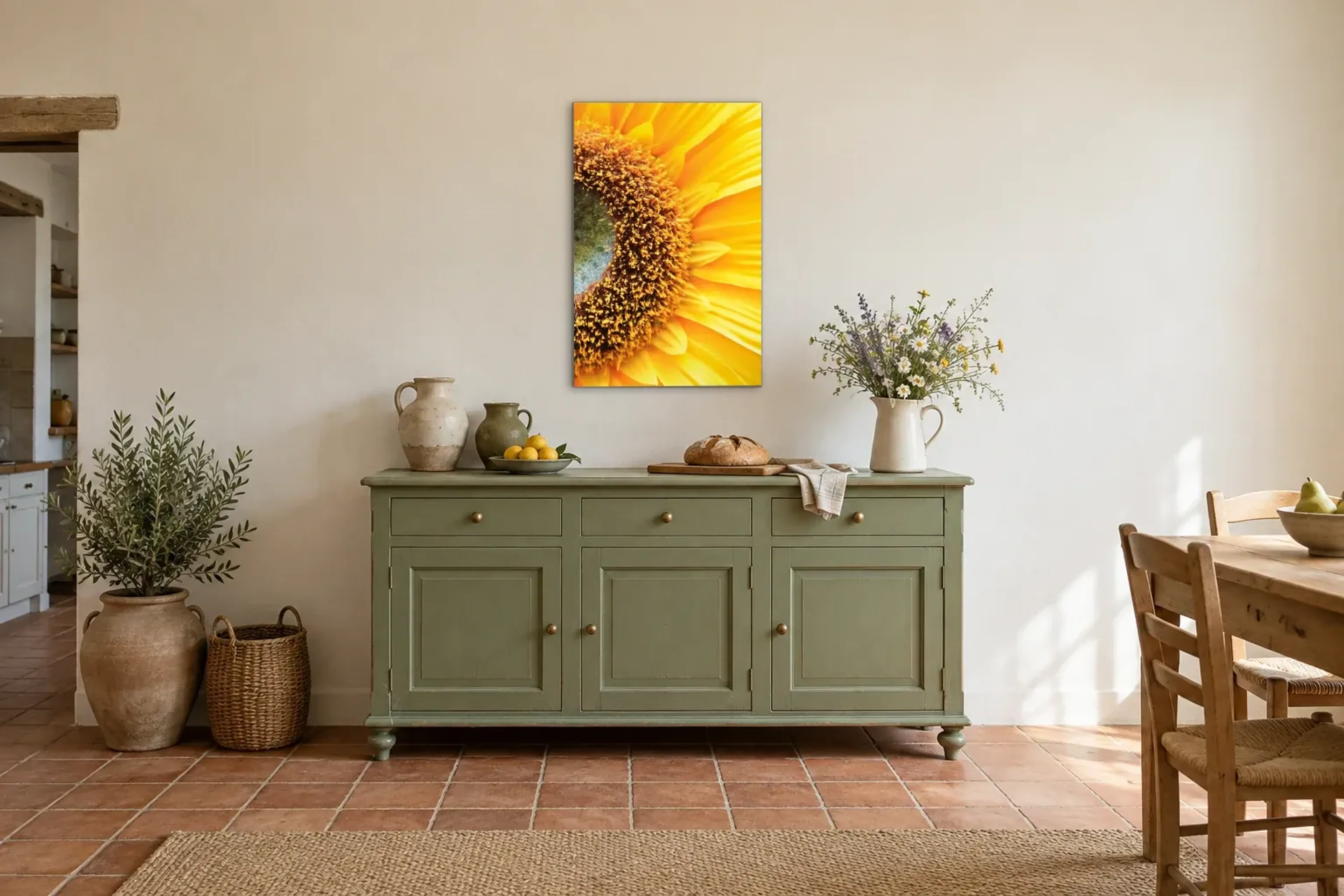 Nahaufnahme Sonnenblume als Wandbild über einer 160-cm-Anrichte