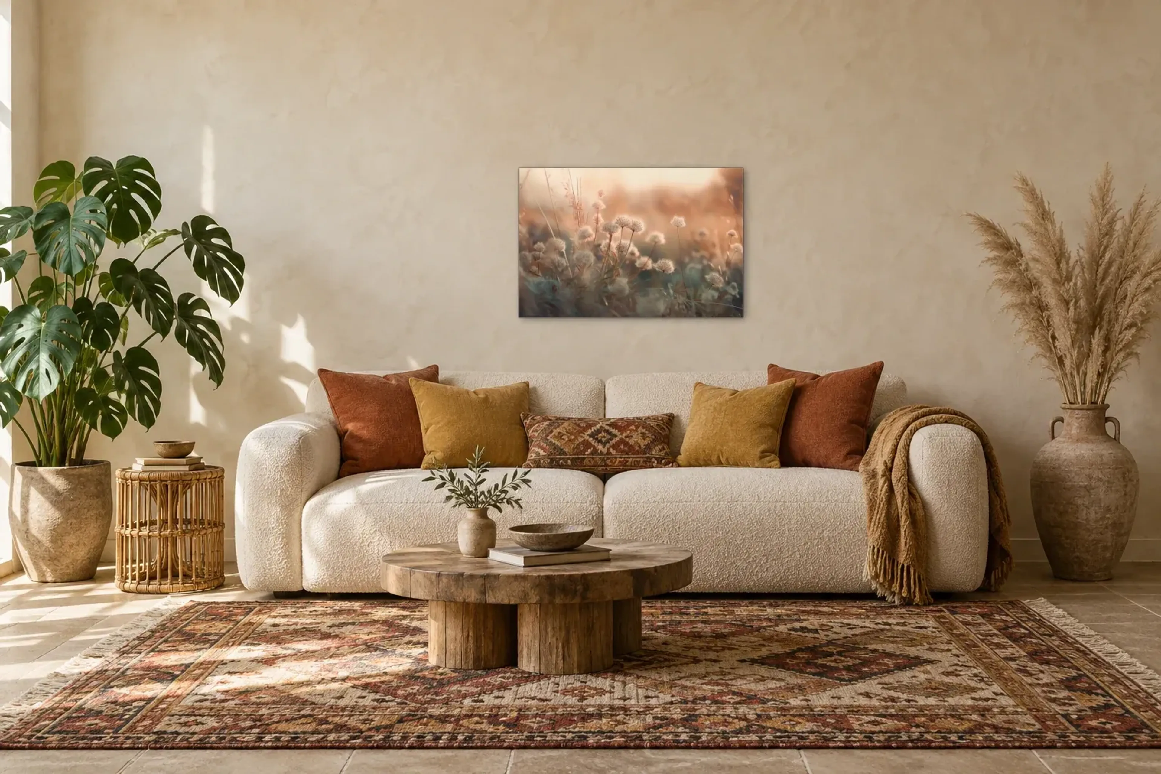 Samenstände im warmen Licht als Wandbild über einem 220-cm-Sofa