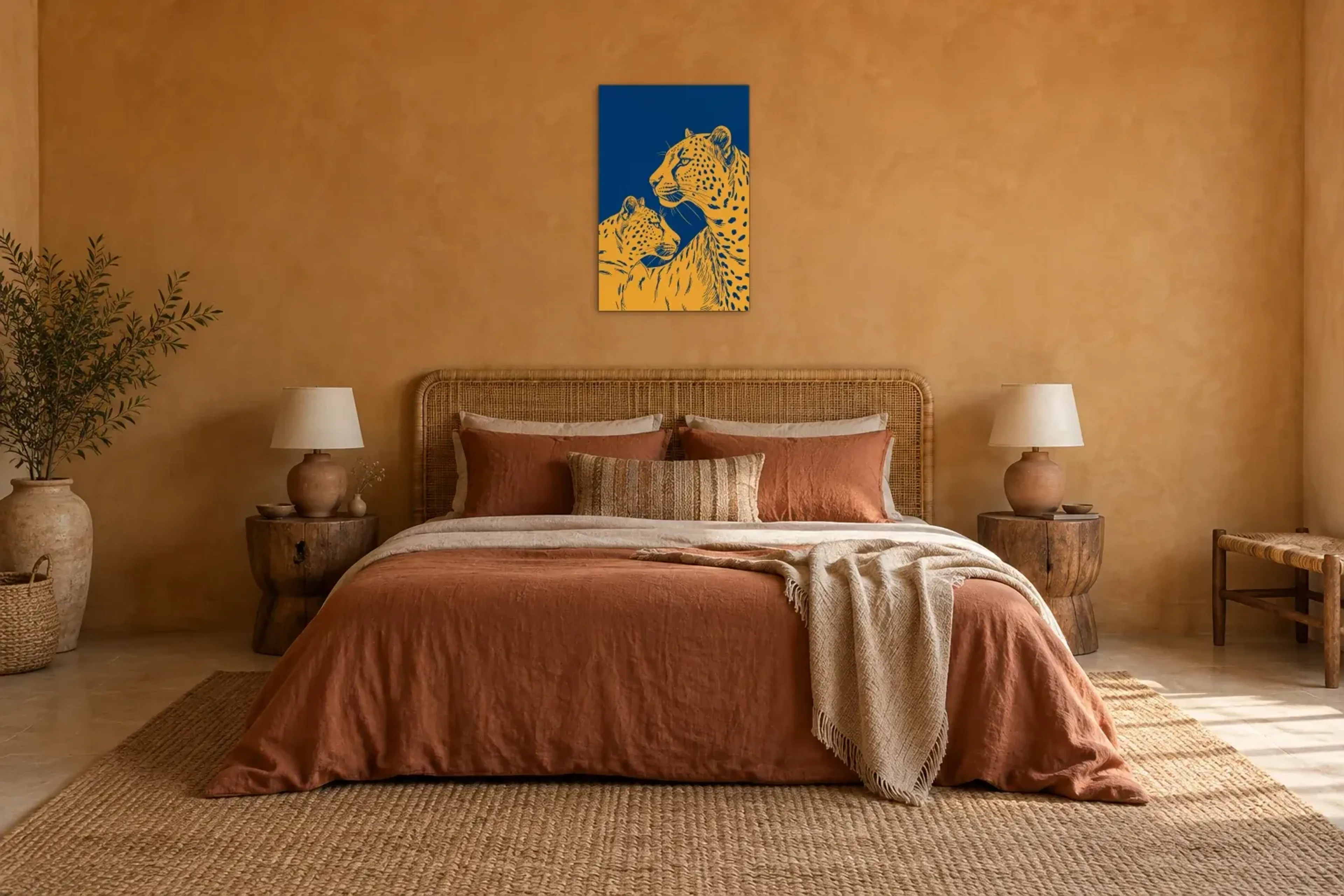 Geparden auf Blau als Wandbild über einem 180-cm-Bett