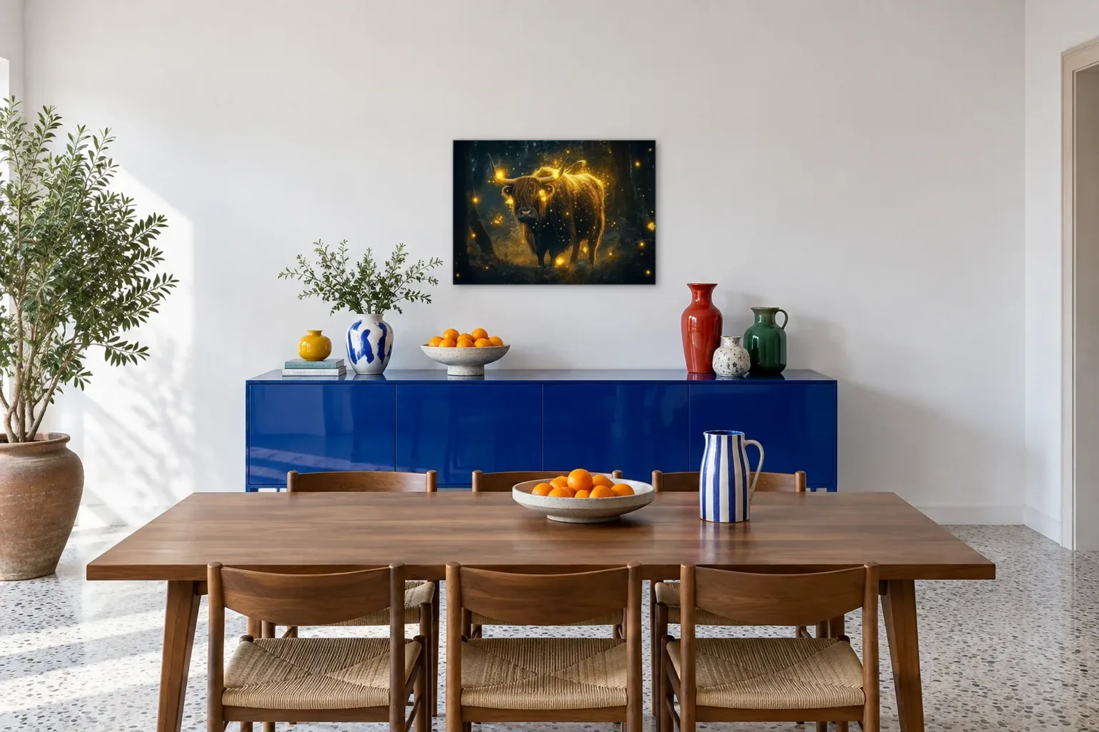 Hochlandrind im Lichterwald als Wandbild über einem 180-cm-Sideboard