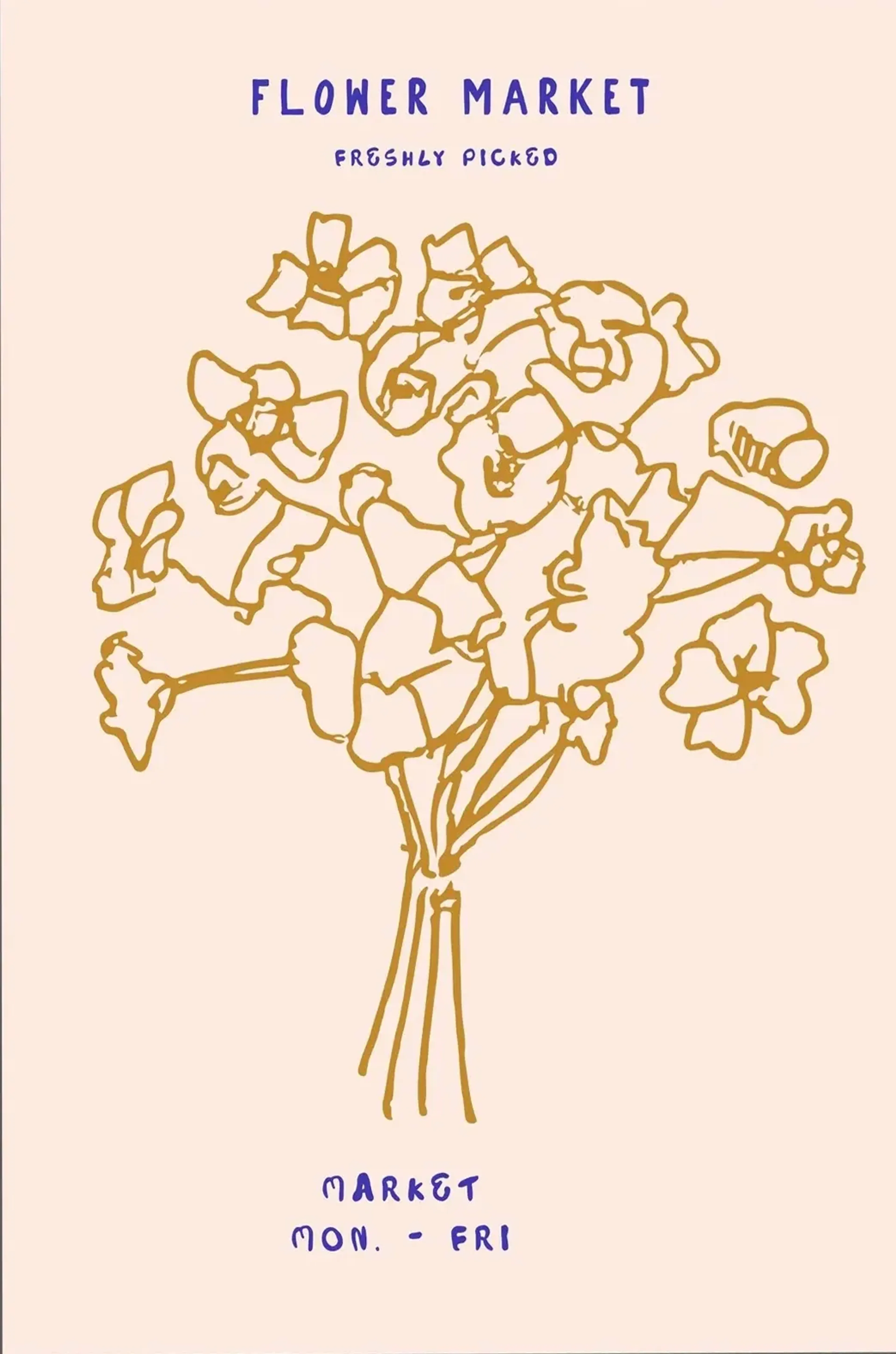 Ockerfarbene Linienzeichnung eines Blumenstraußes auf Pfirsichton mit blauen Schriftzügen zum Blumenmarkt.
