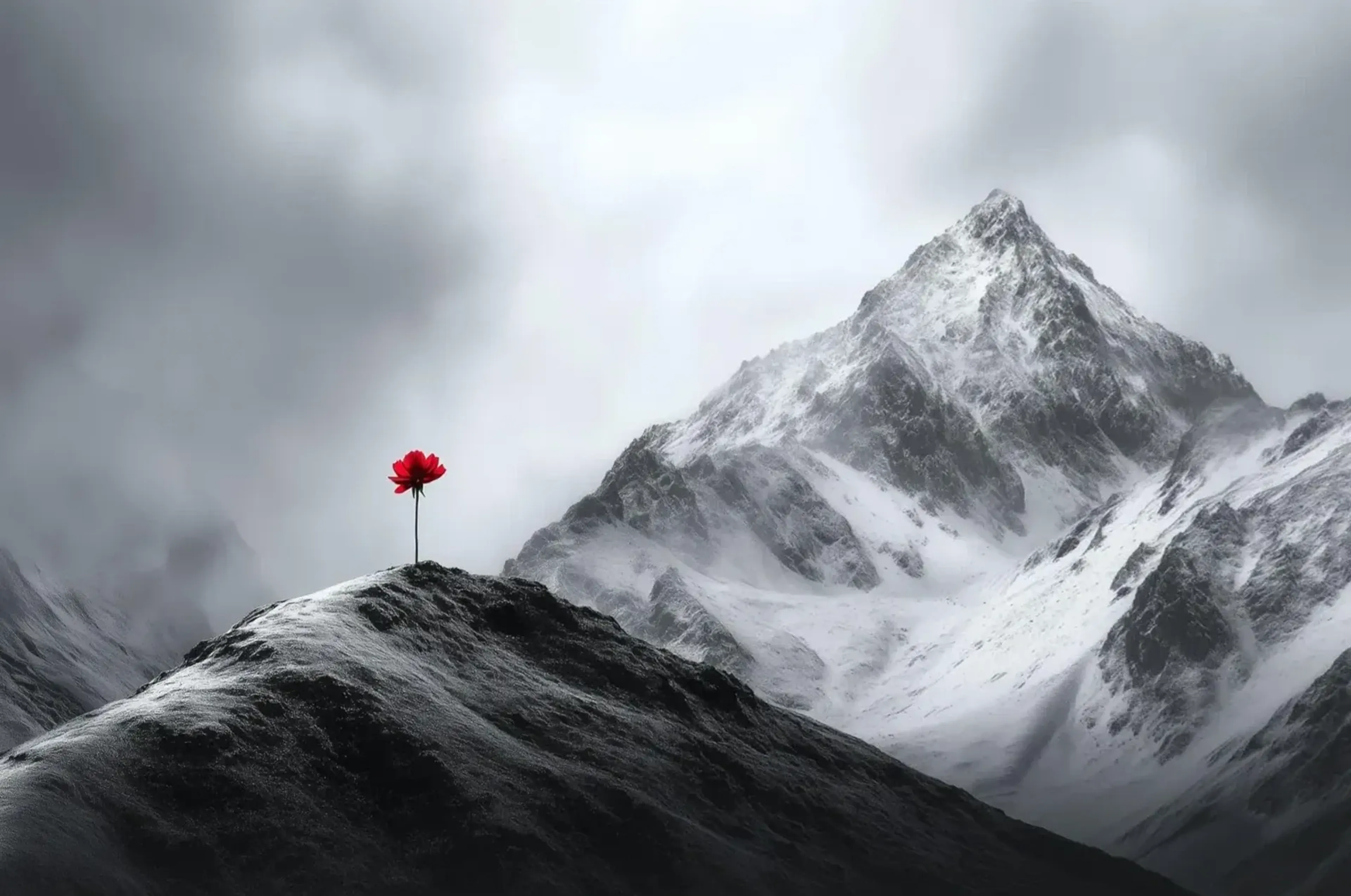Eine einzelne rote Blume auf einem dunklen Hügel vor schneebedeckten Bergen und grauem Himmel.