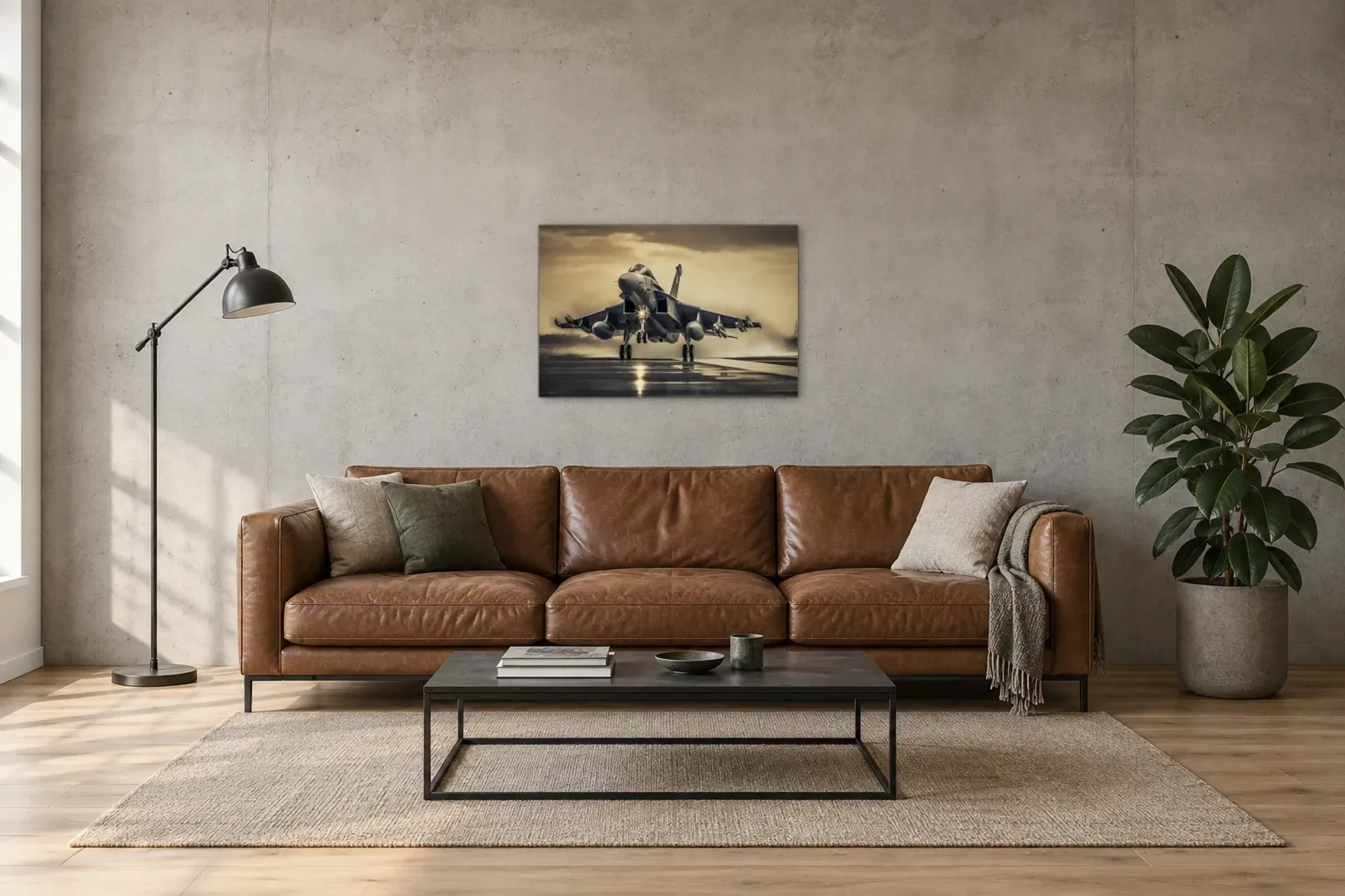 Kampfjet auf Rollbahn als Wandbild über einem 220-cm-Sofa