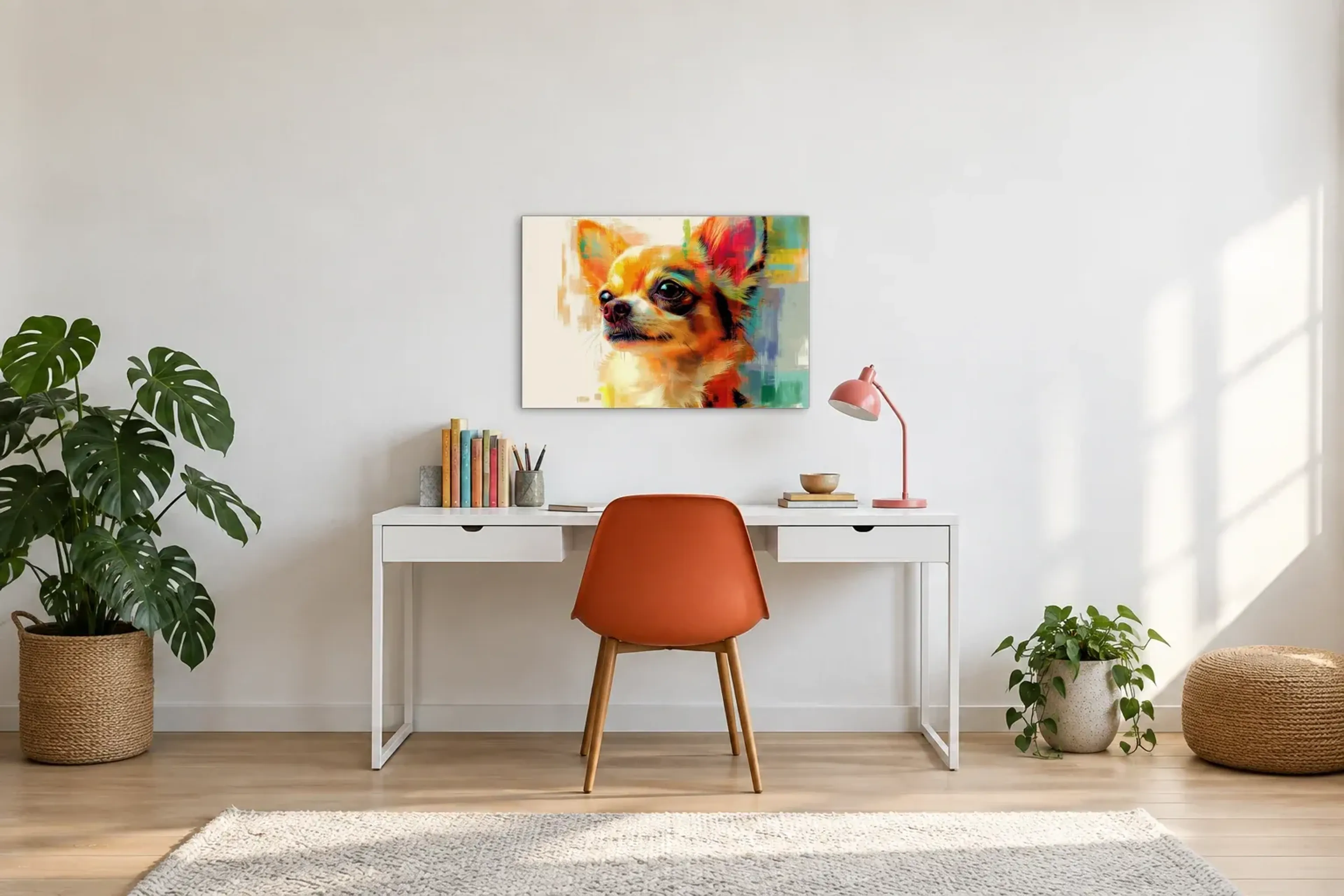 Langhaar Chihuahua als Wandbild über einem 140-cm-Schreibtisch