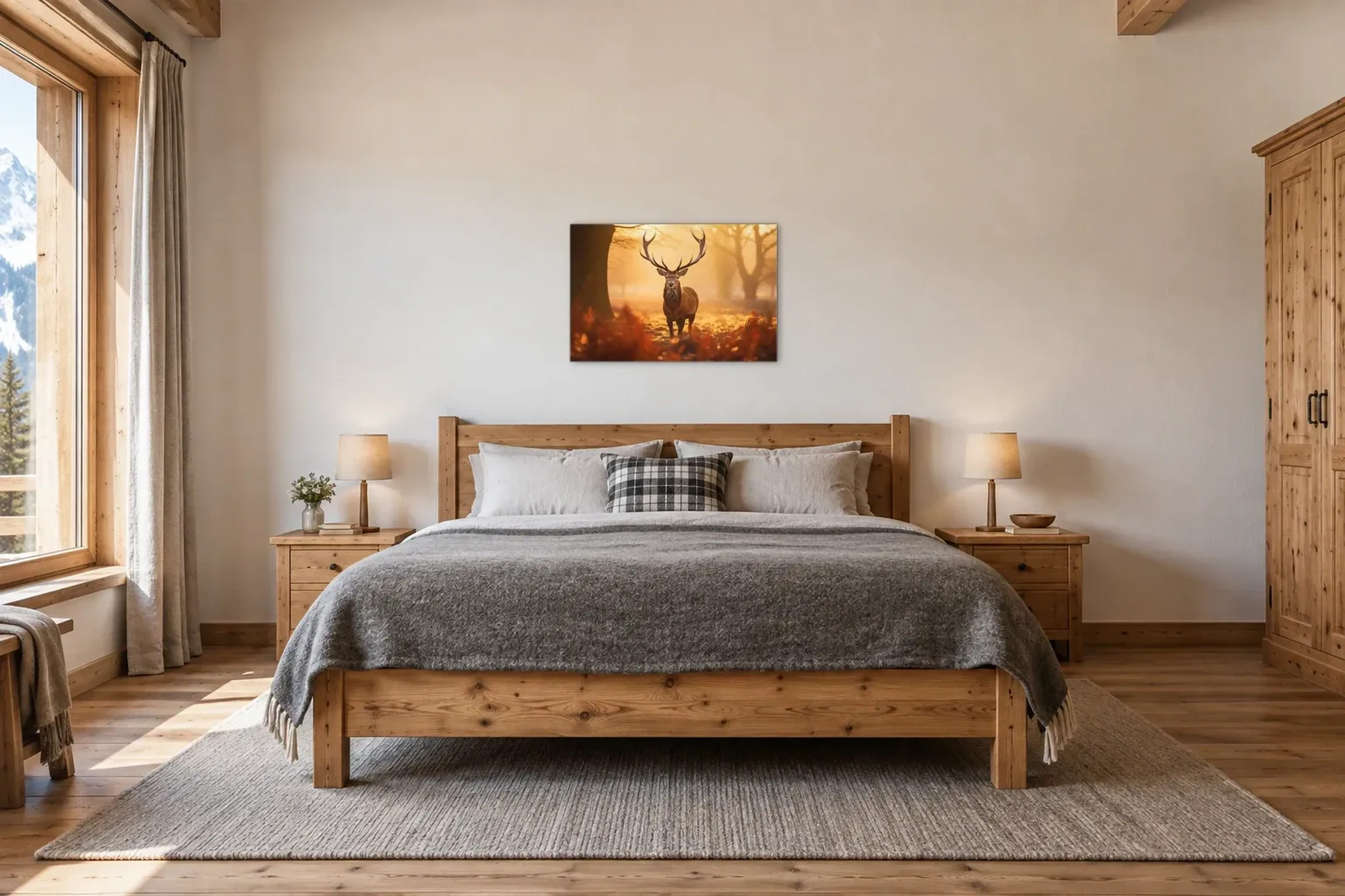 Stattlicher Hirsch als Wandbild über einem 180-cm-Bett