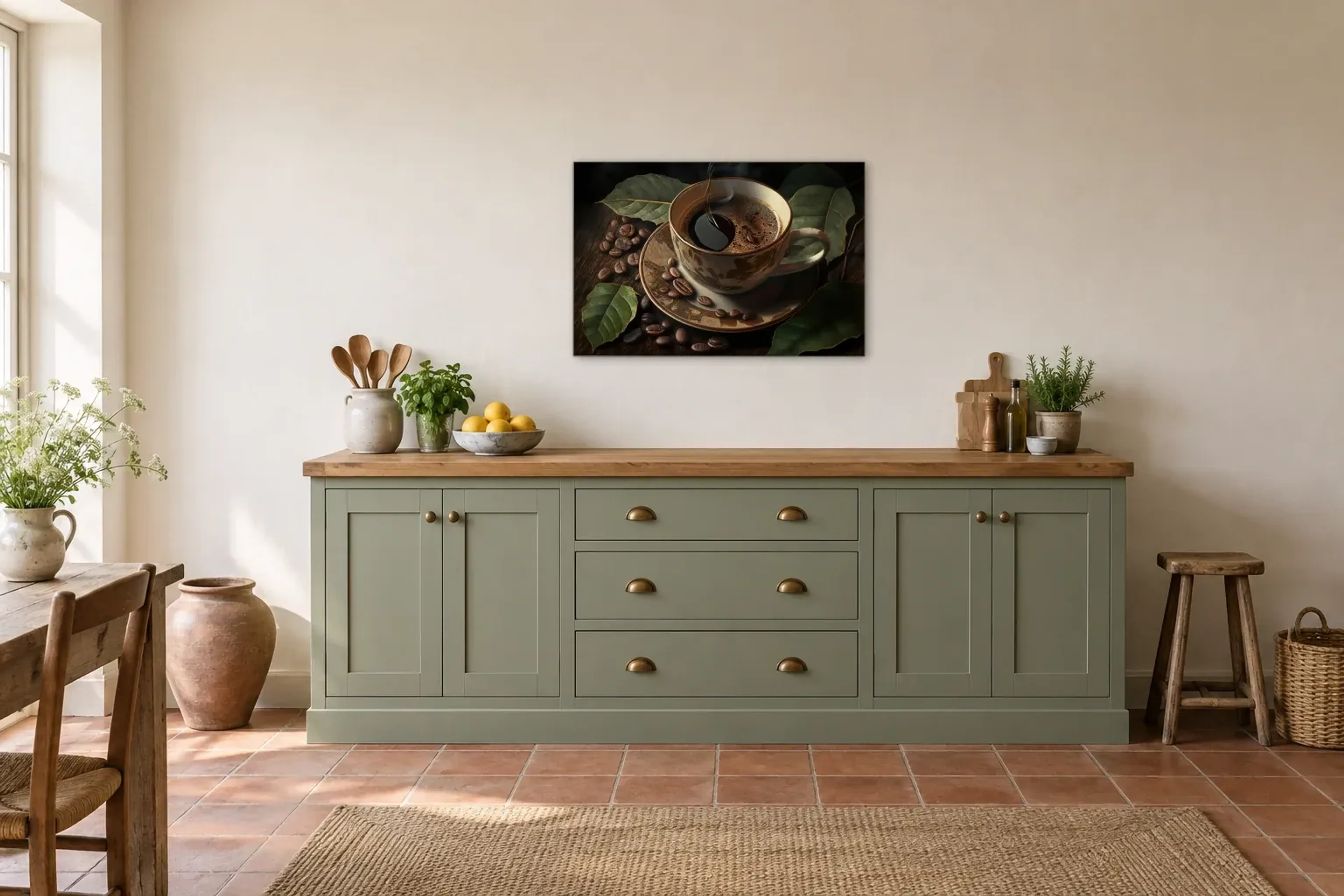 Kaffeetasse mit Blättern als Wandbild über einer 200-cm-Arbeitsplatte