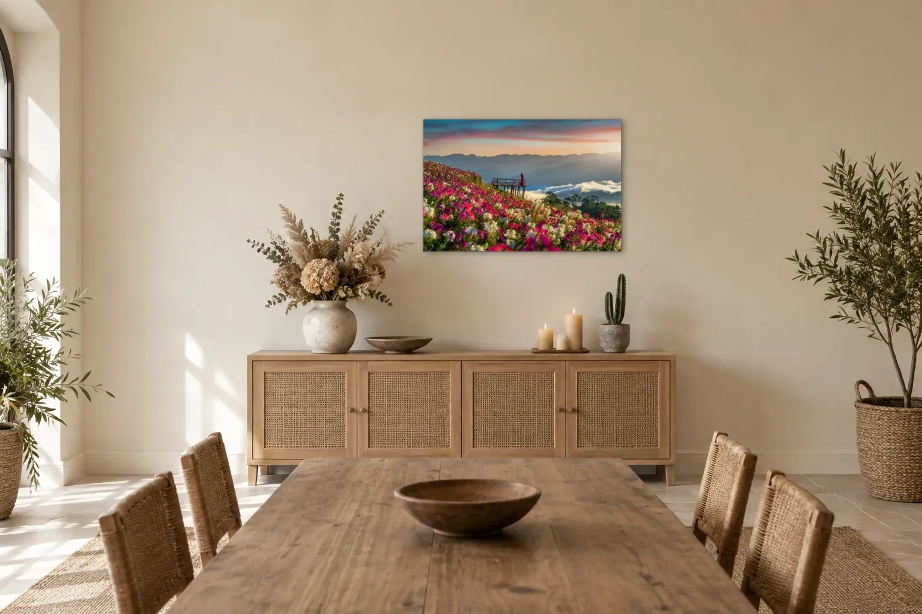 Blumenwiese als Wandbild über einem 160-cm-Sideboard