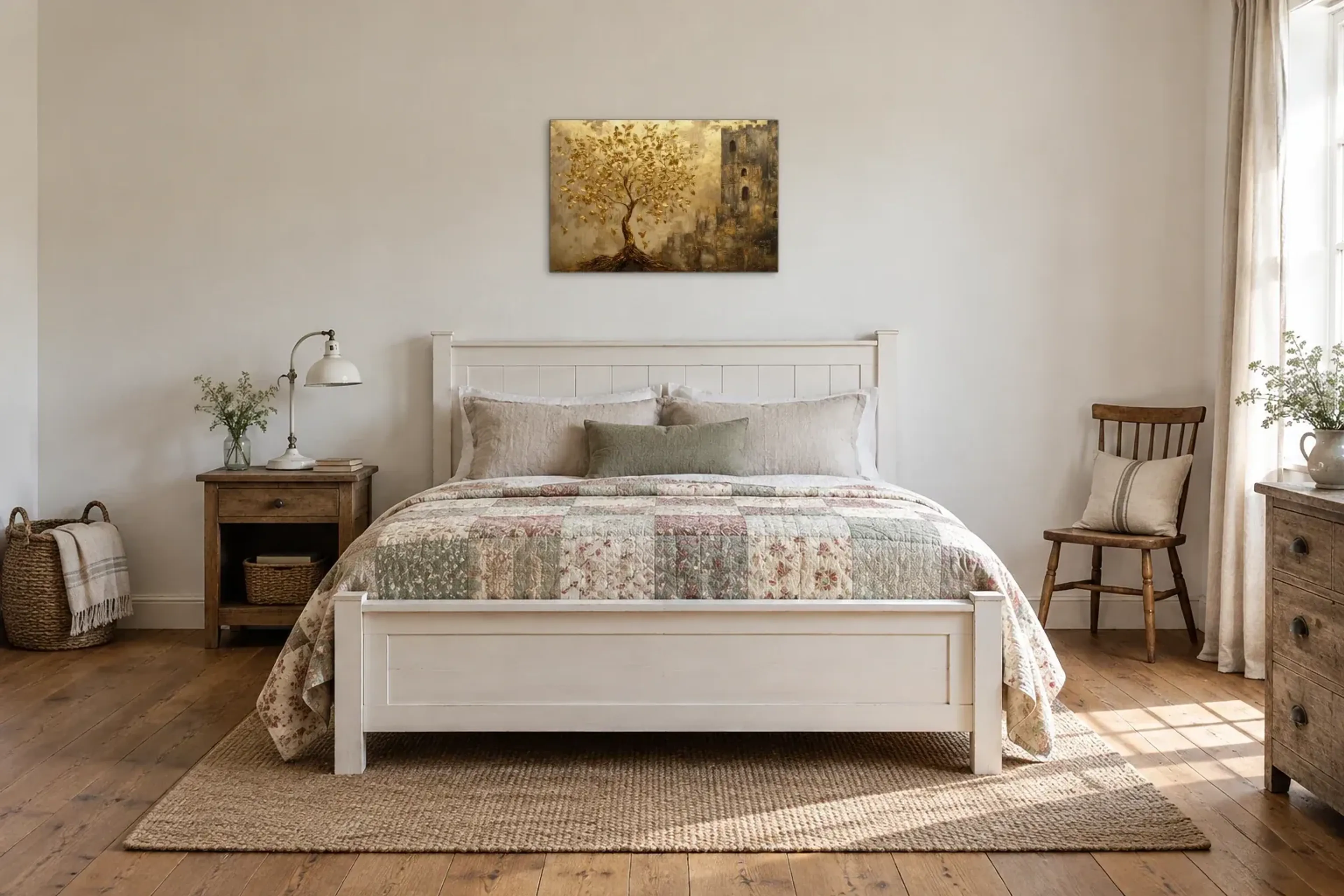 Baum mit goldenen Blättern als Wandbild über einem 160-cm-Bett