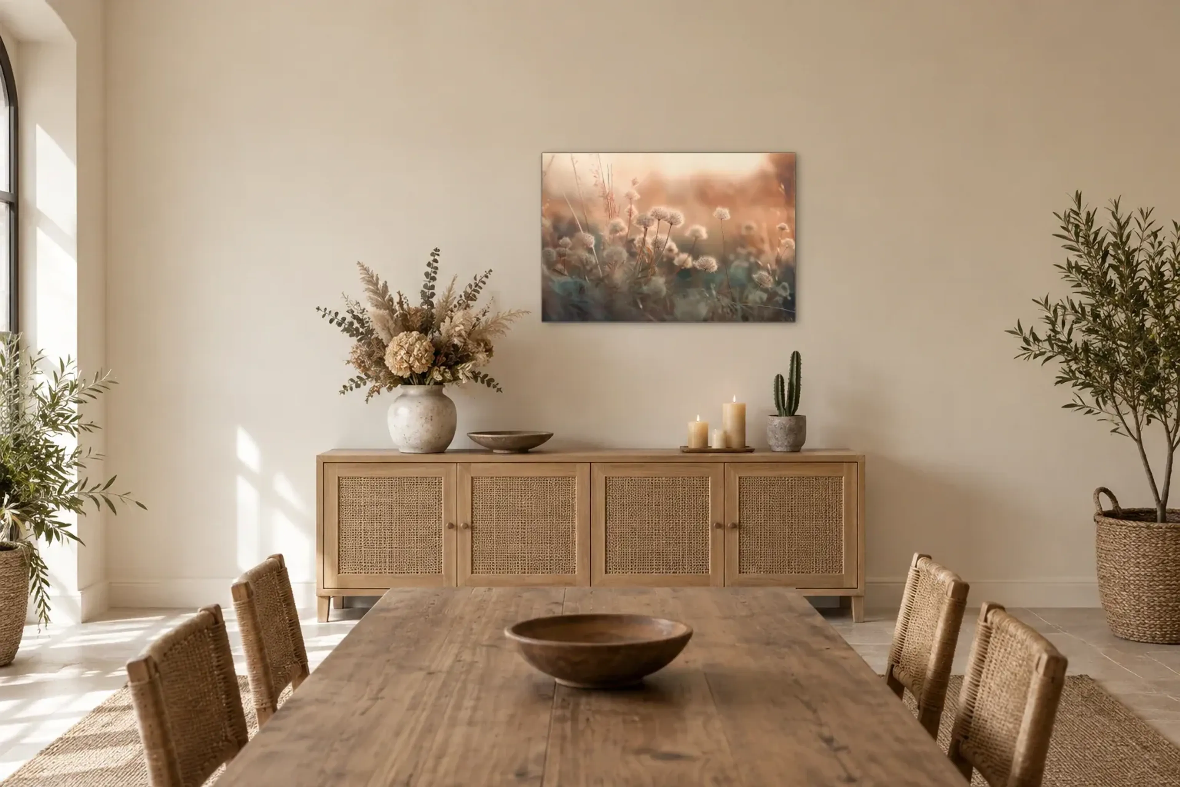 Samenstände im warmen Licht als Wandbild über einem 160-cm-Sideboard