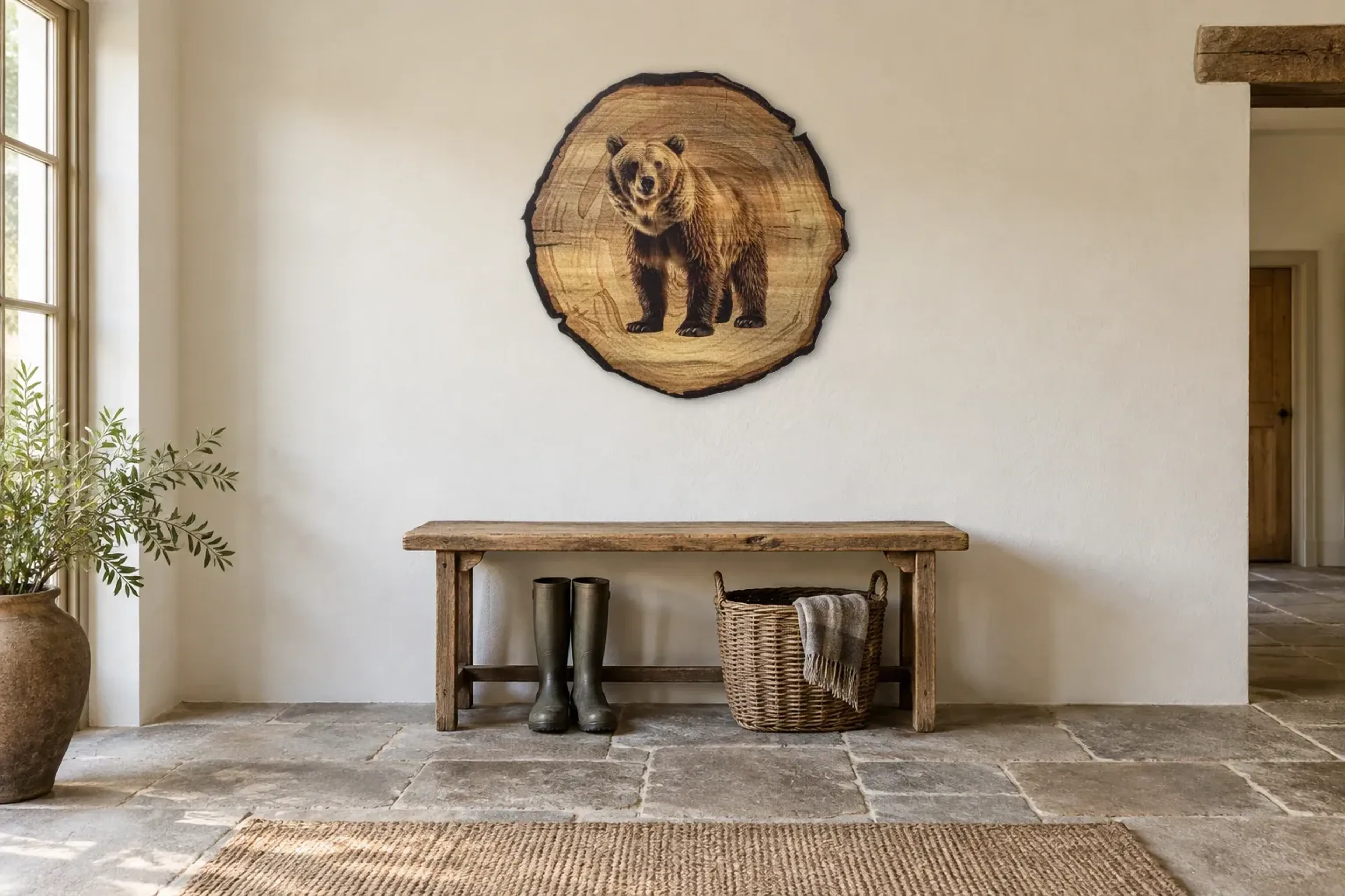 Braunbär mit ruhigem Blick als Wandbild über einer 120-cm-Bank