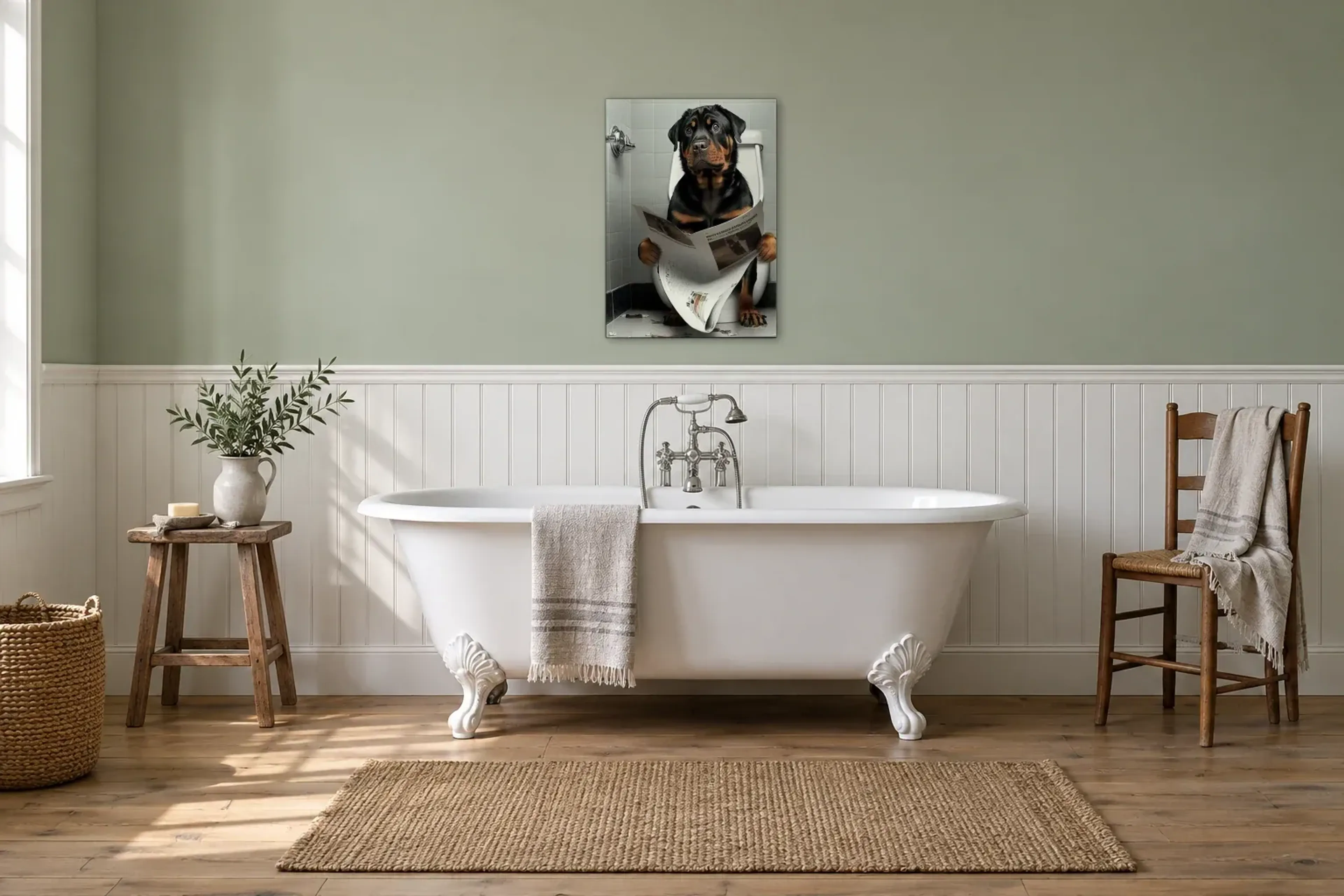 Rottweiler als Wandbild über einer 170-cm-Badewanne