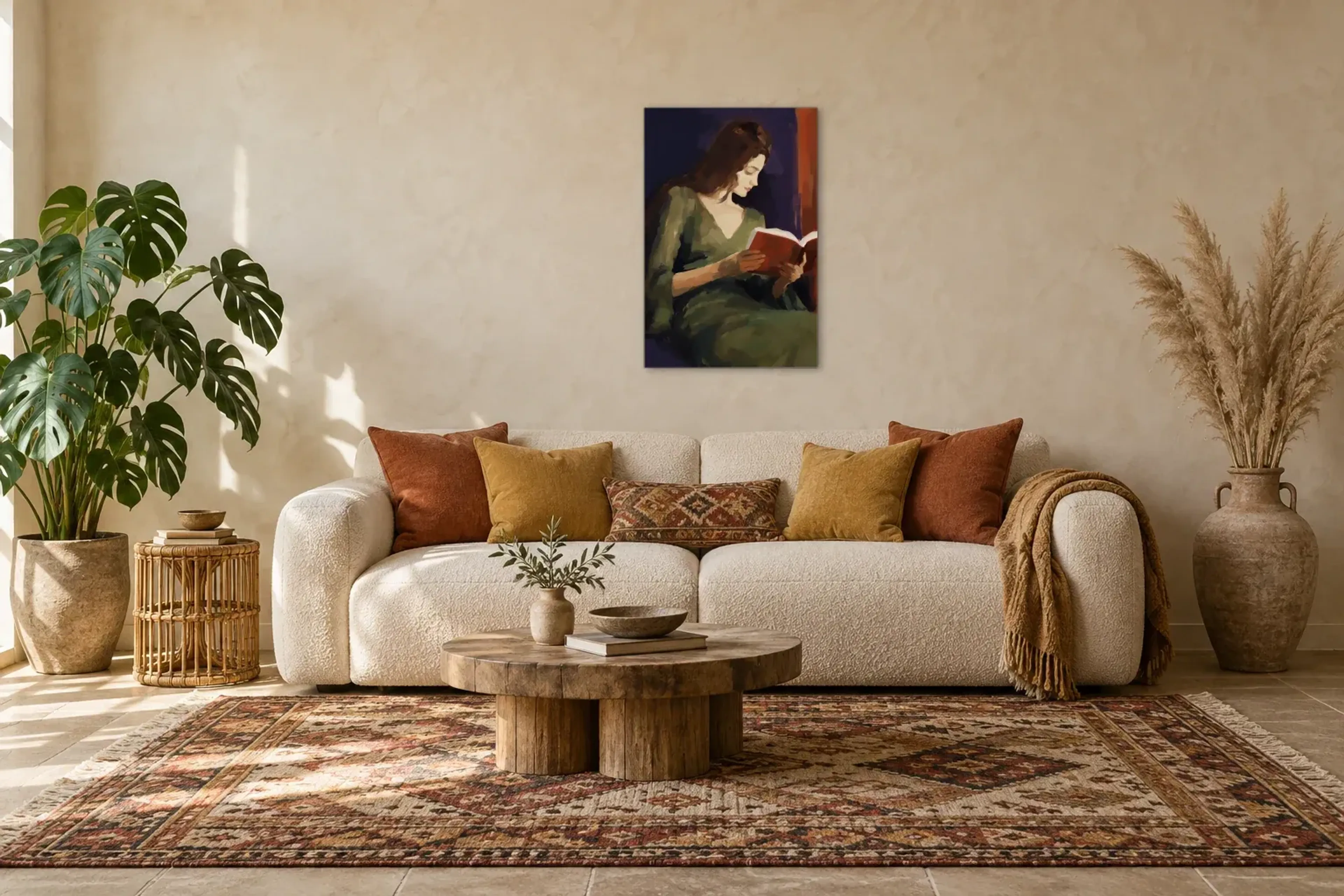 Frau mit Buch als Wandbild über einem 220-cm-Sofa