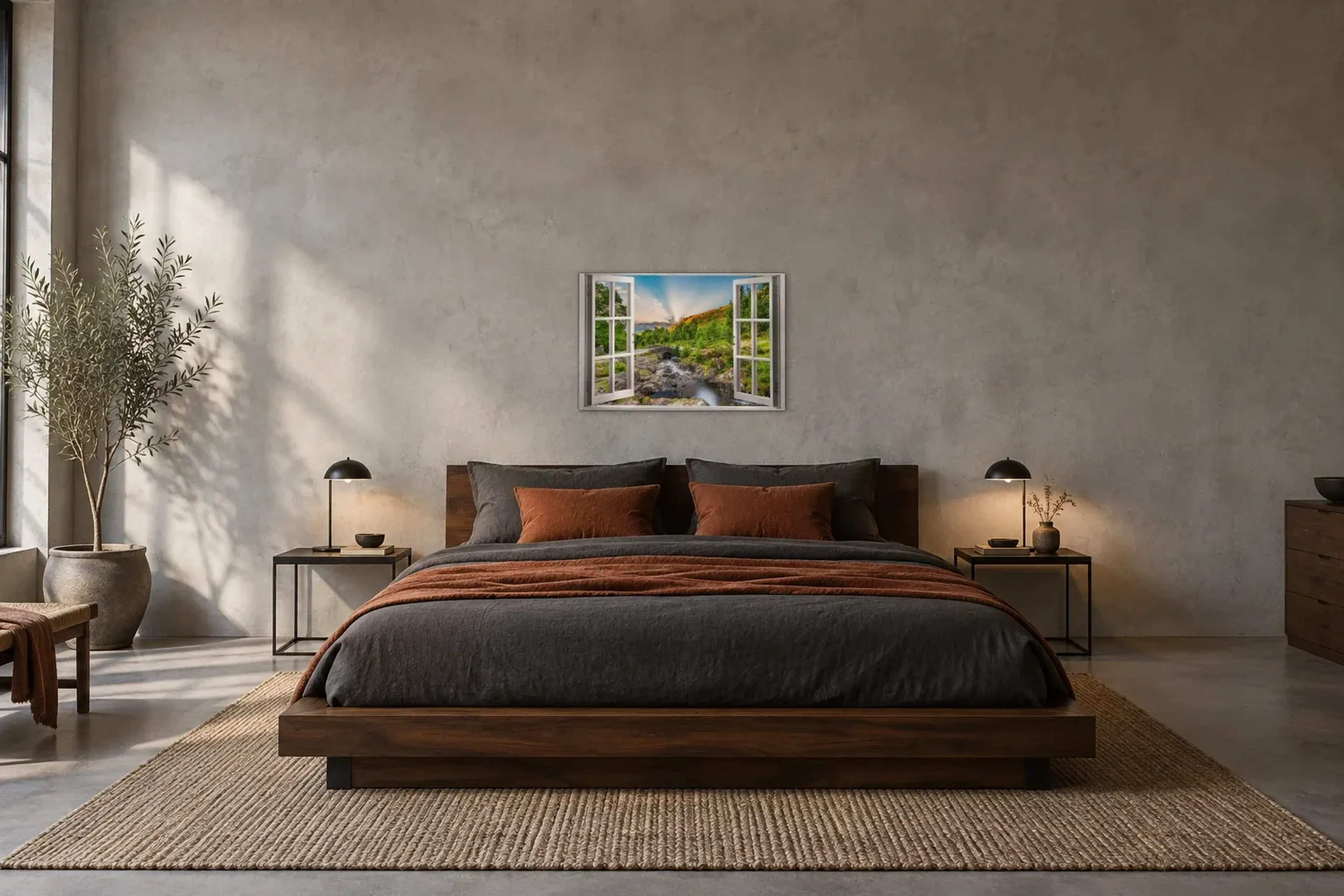 Steinbrücke am Bach als Wandbild über einem 180-cm-Bett