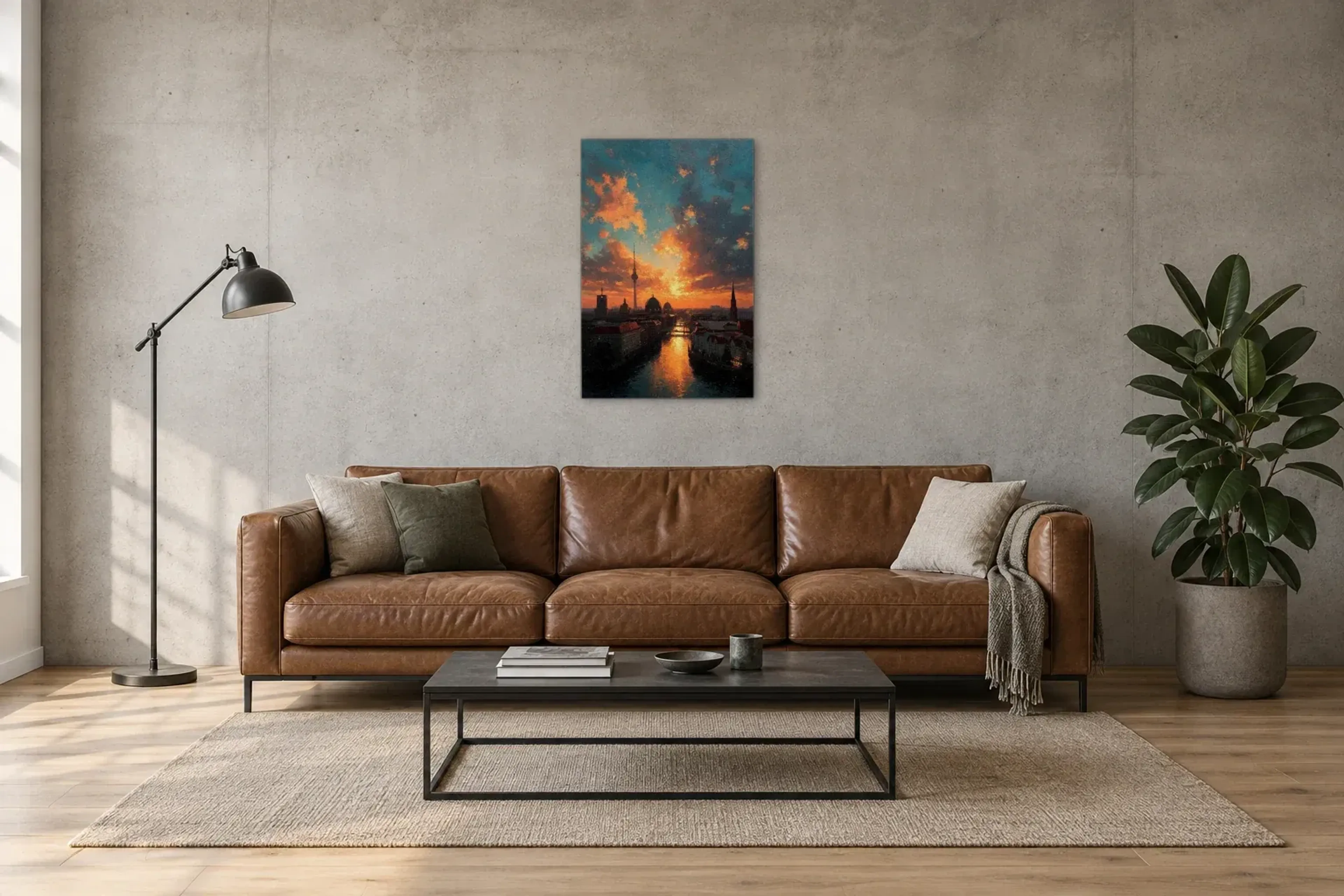 Abendlicht über der Spree als Wandbild über einem 220-cm-Sofa