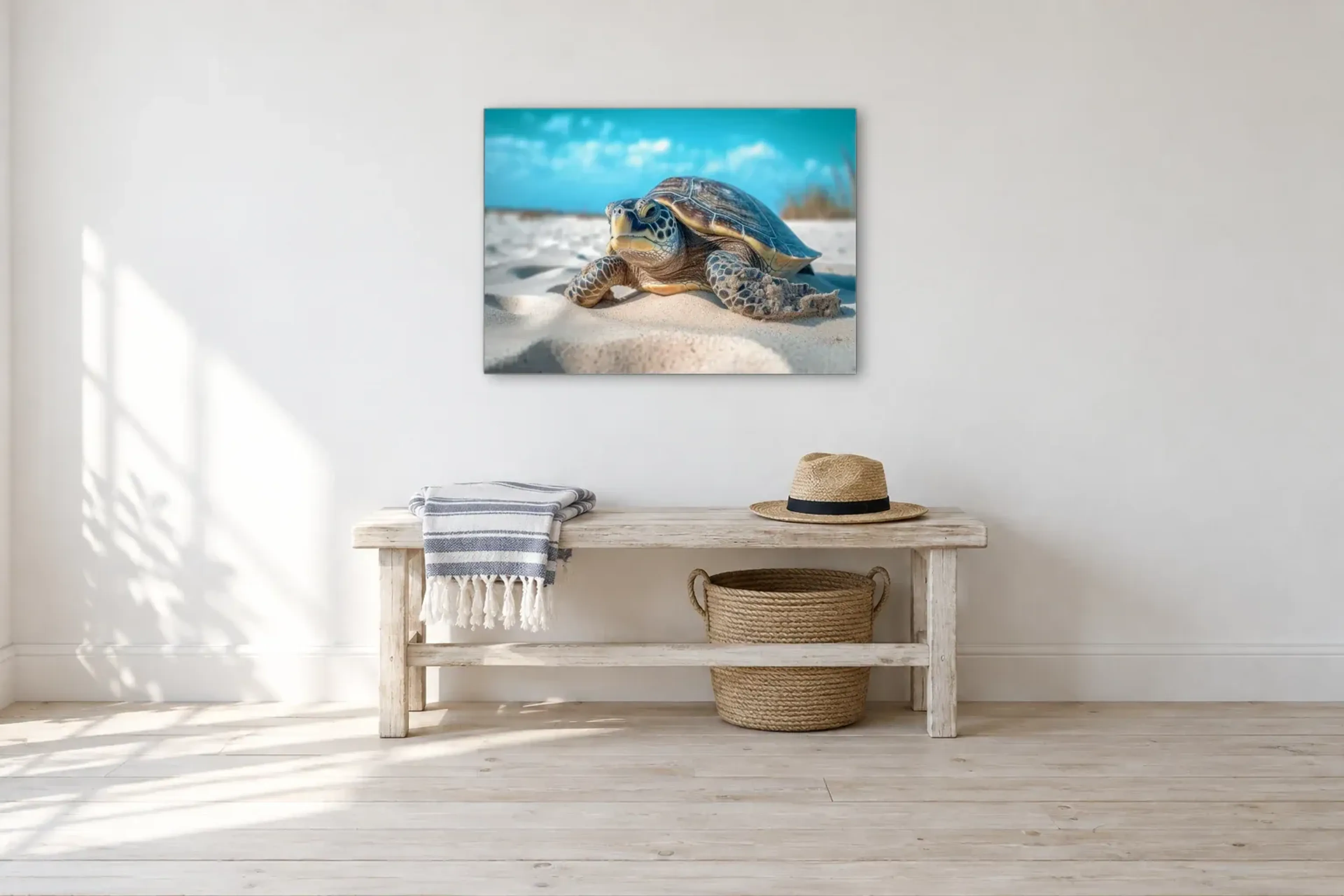 Schildkröte am Strand als Wandbild über einer 100-cm-Bank