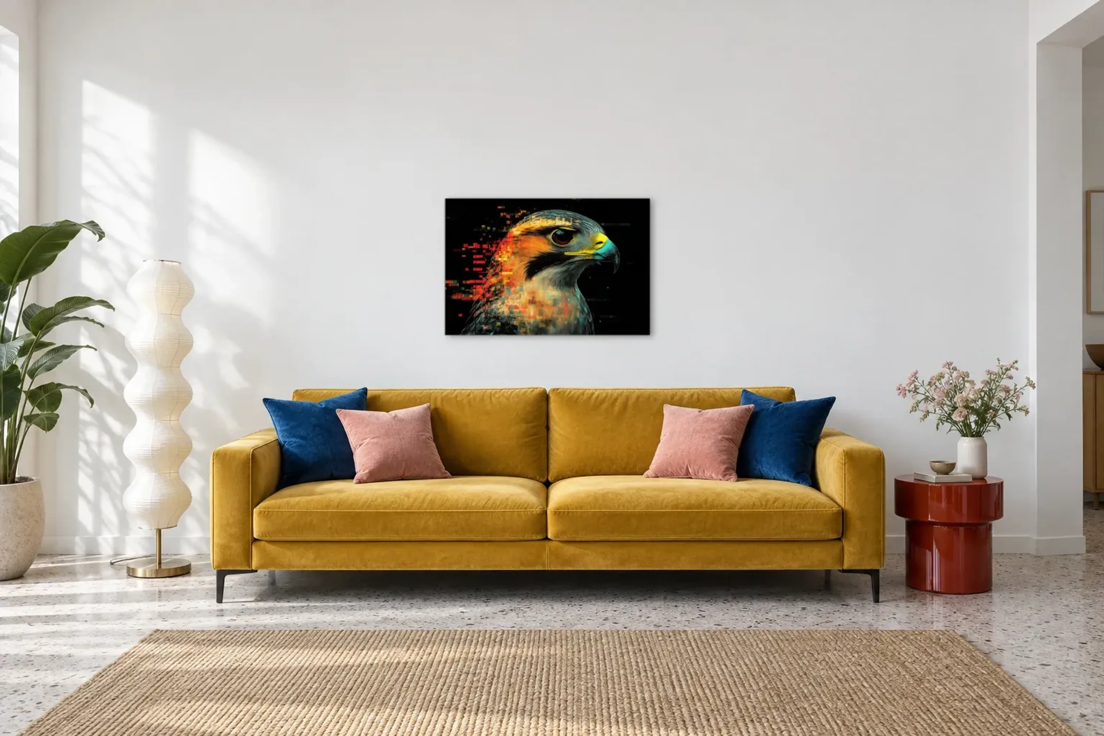 Falke als Wandbild über einem 220-cm-Sofa