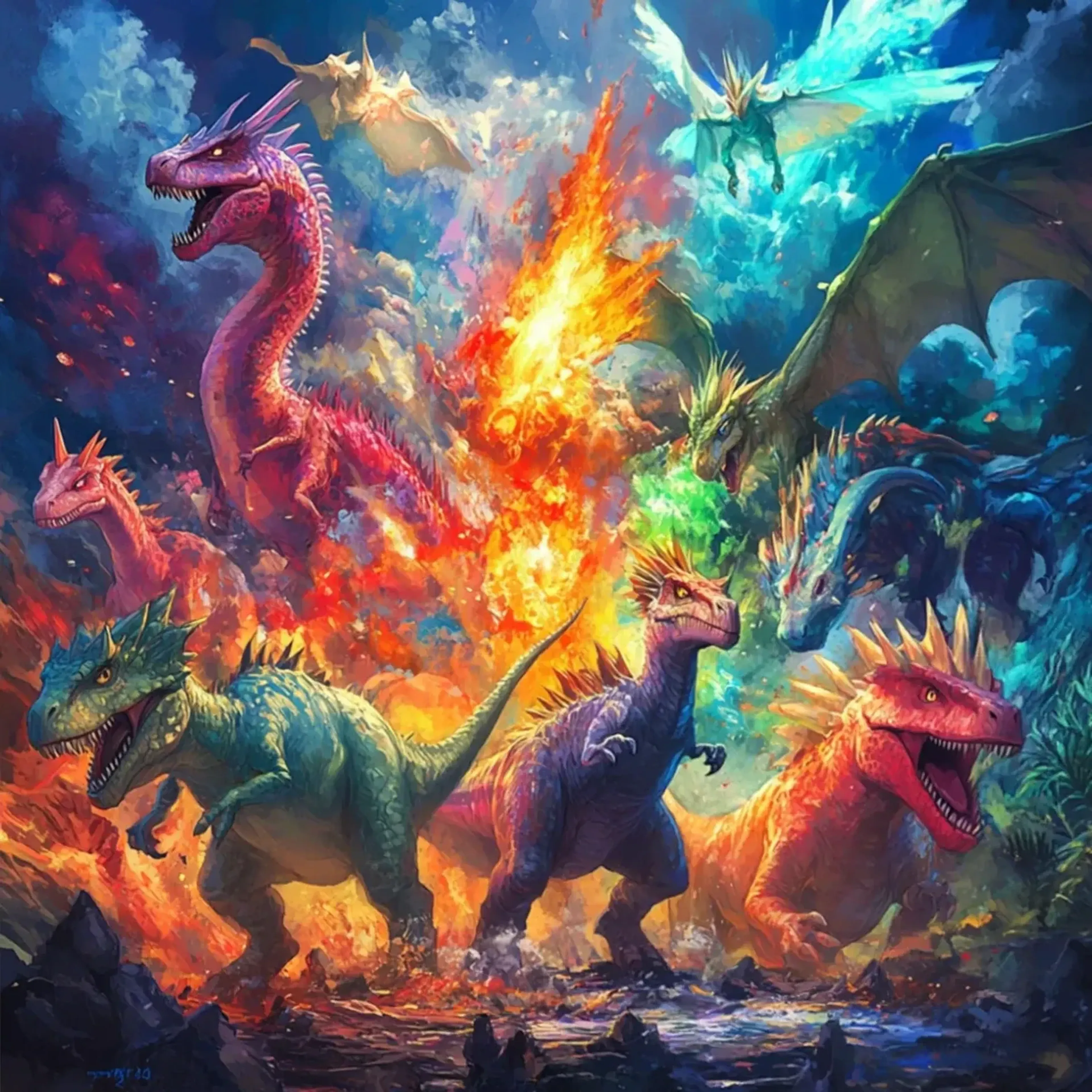 Drachen im Flammenmeer – Motiv als Wandbild auf Holz