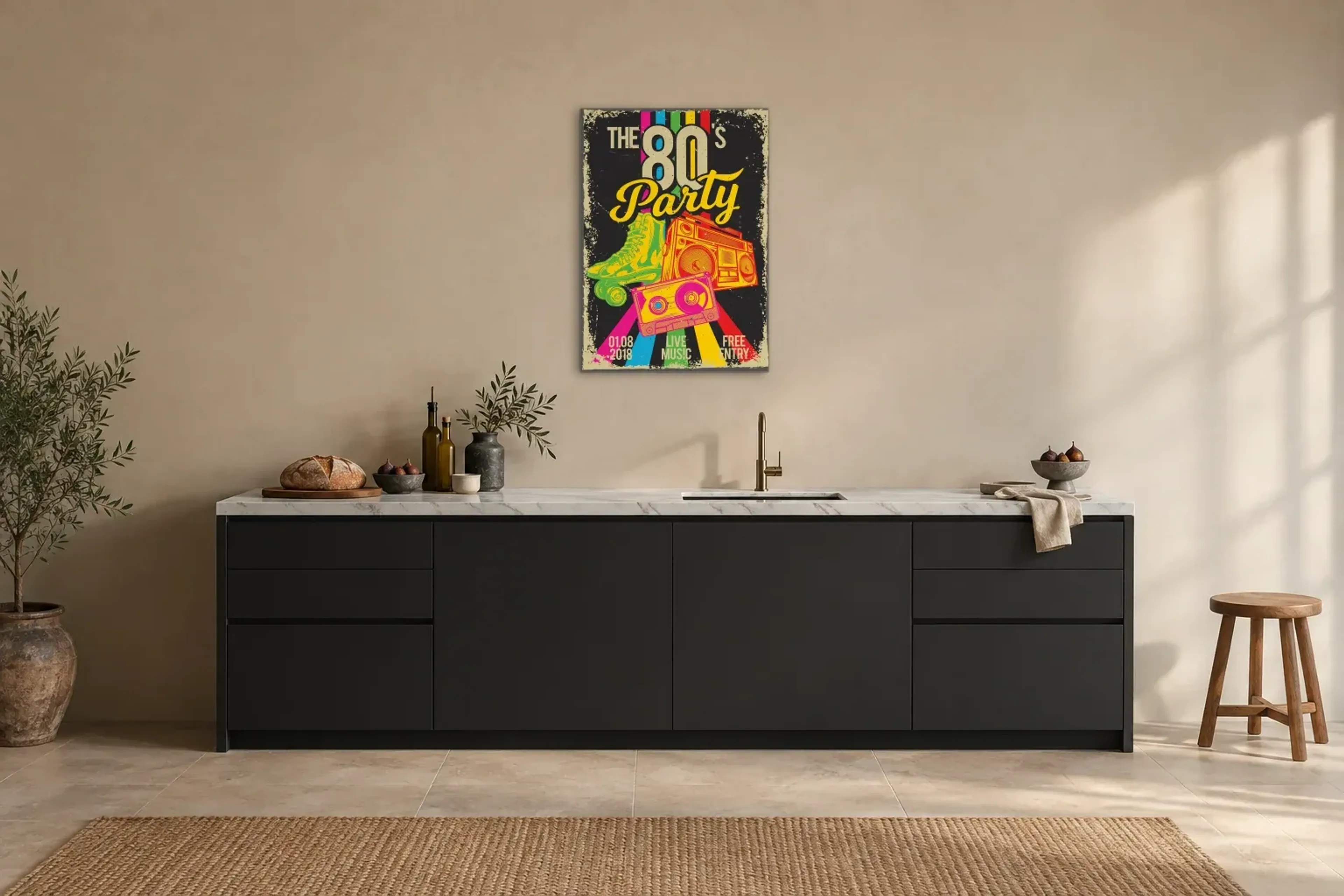 80er Party als Wandbild über einer 200-cm-Arbeitsplatte