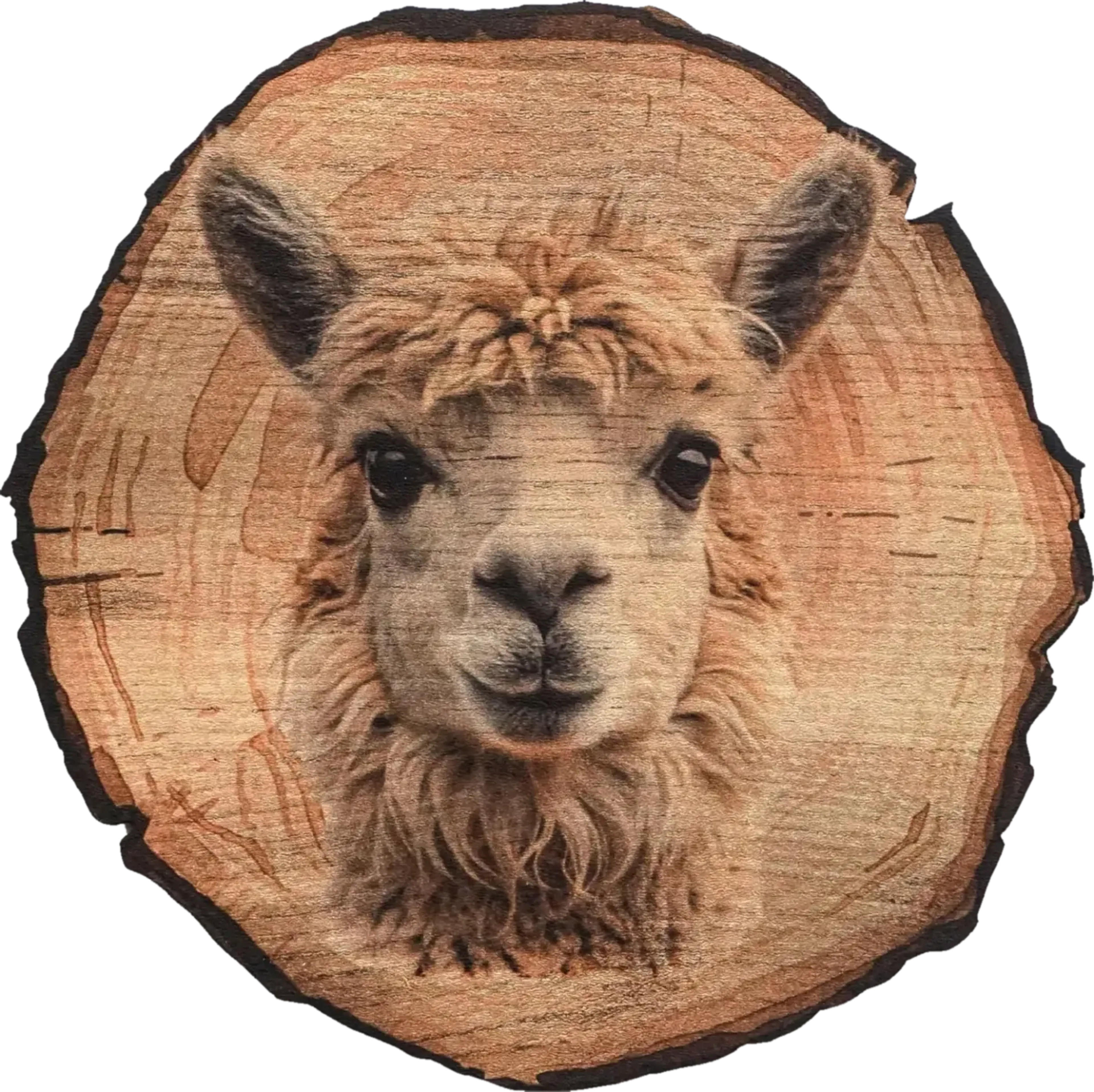 Lama mit lockigem Stirnhaar und dunklen Augen auf einer runden Holzoptik mit unregelmäßigem, dunklem Rand.