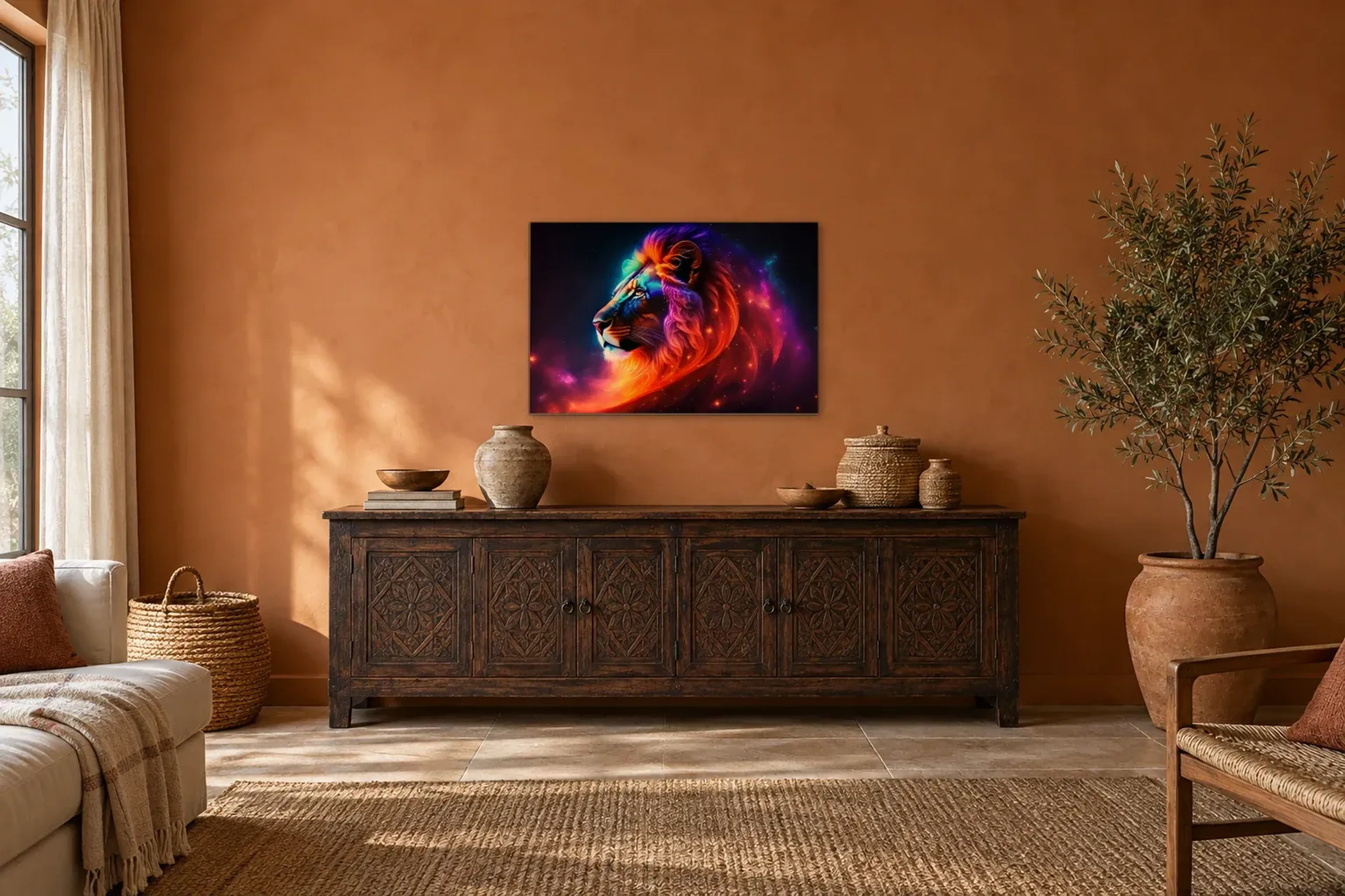 Löwe in Neonfarben als Wandbild über einem 180-cm-Sideboard