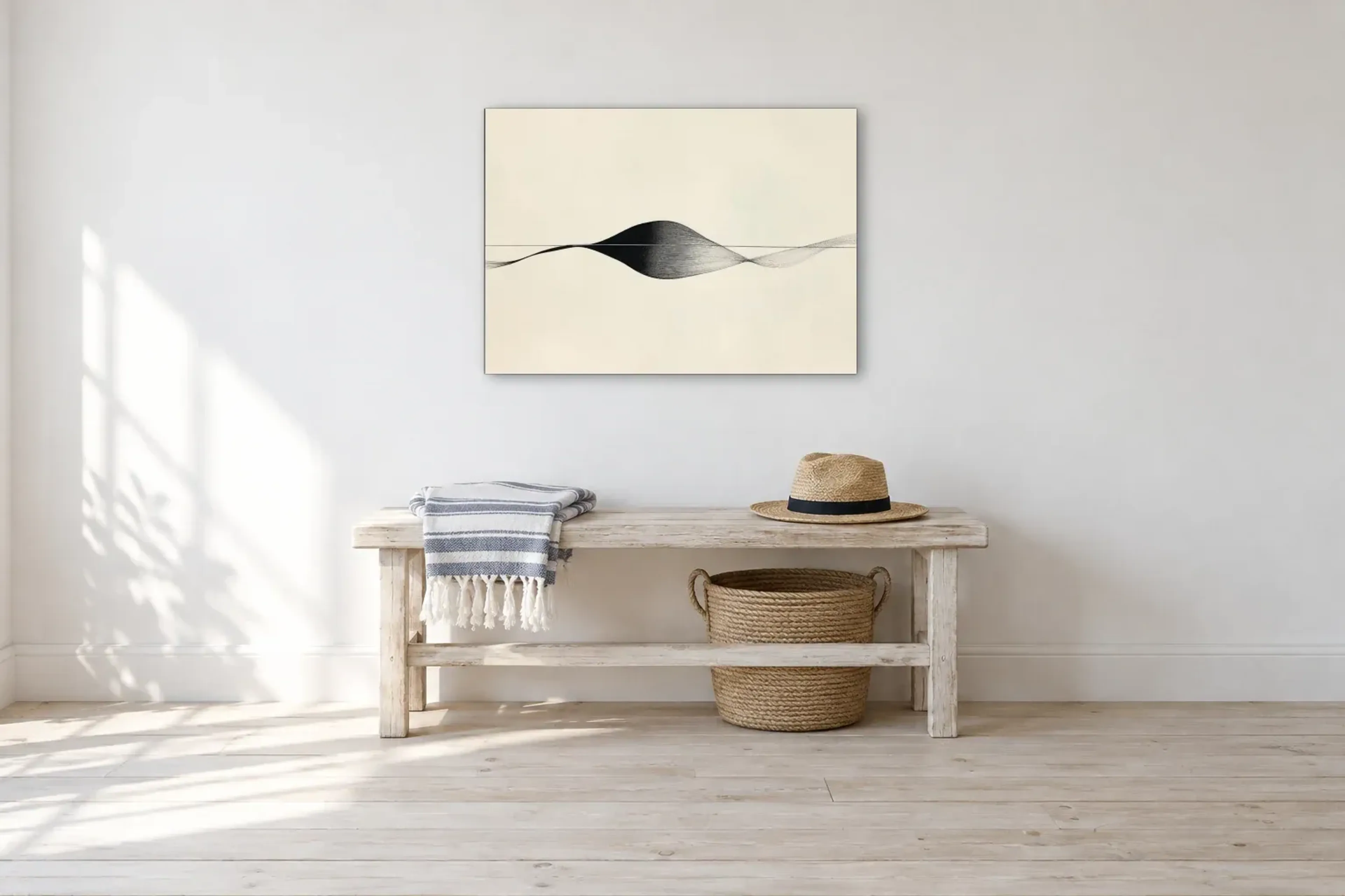 Schwarze Linienwelle als Wandbild über einer 100-cm-Bank