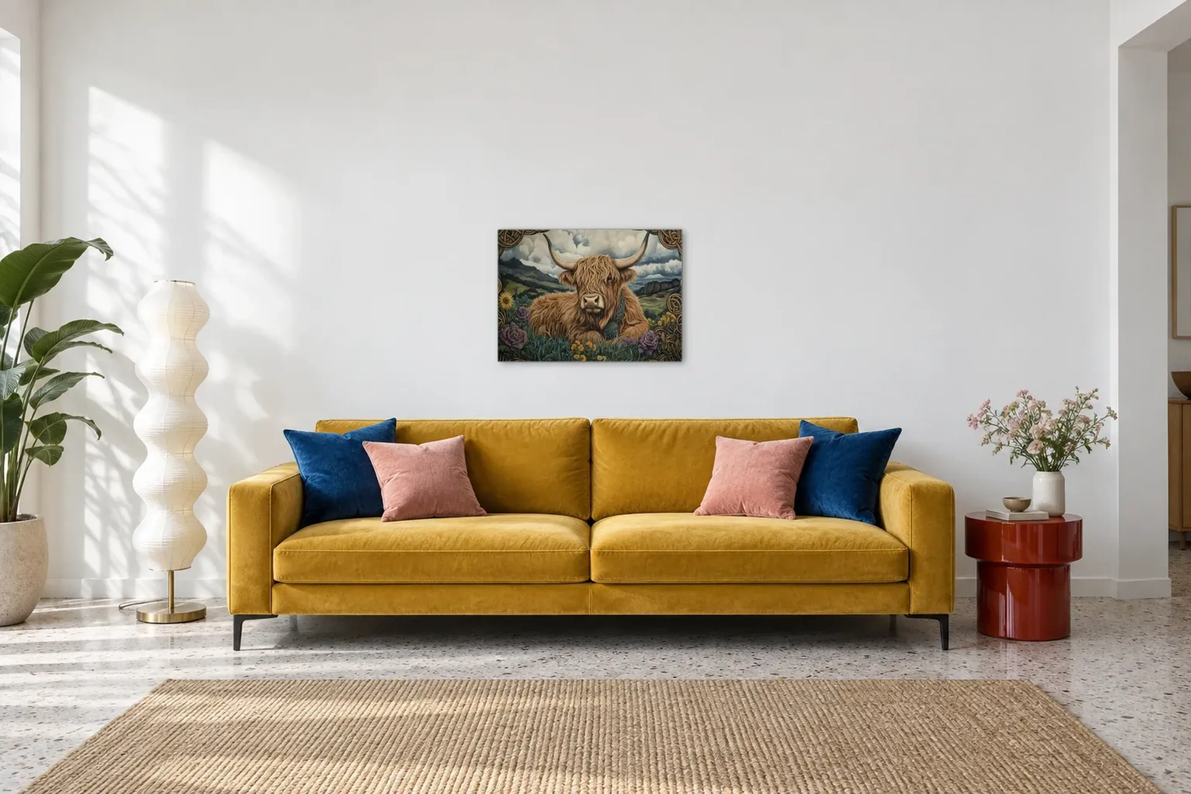 Hochlandrind im Blütenfeld als Wandbild über einem 220-cm-Sofa