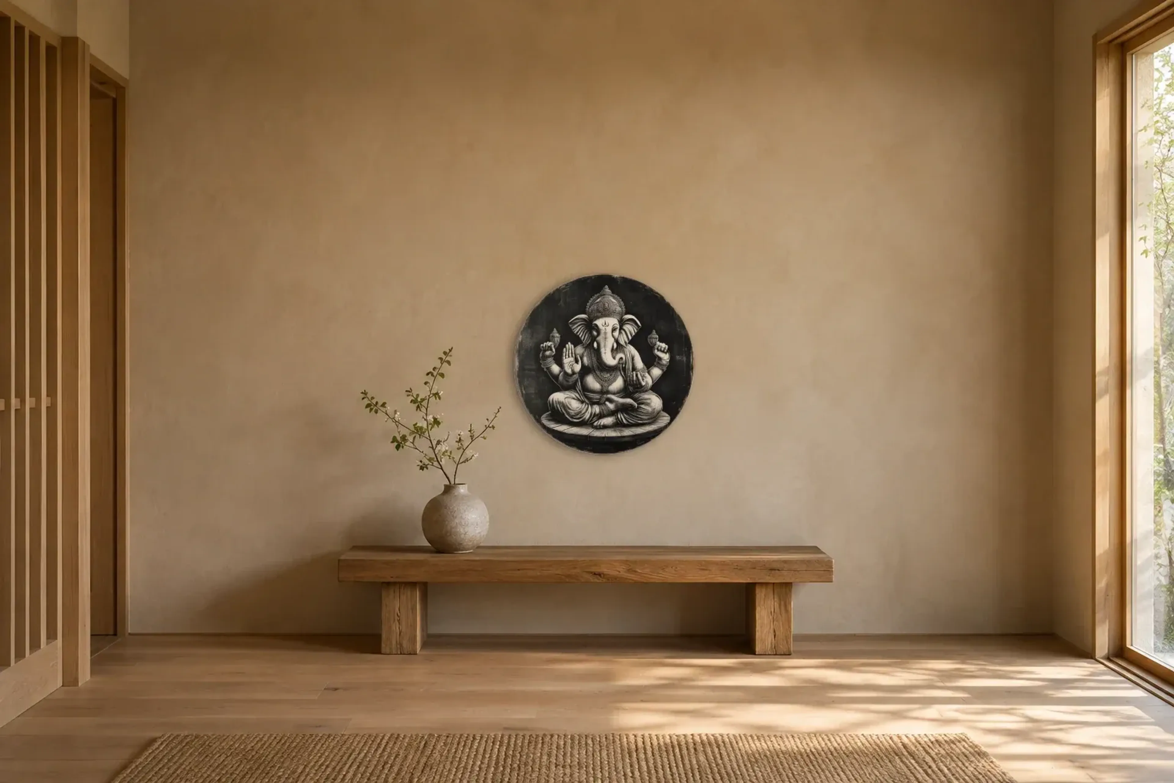 Ganesha als Wandbild über einer 120-cm-Holzbank