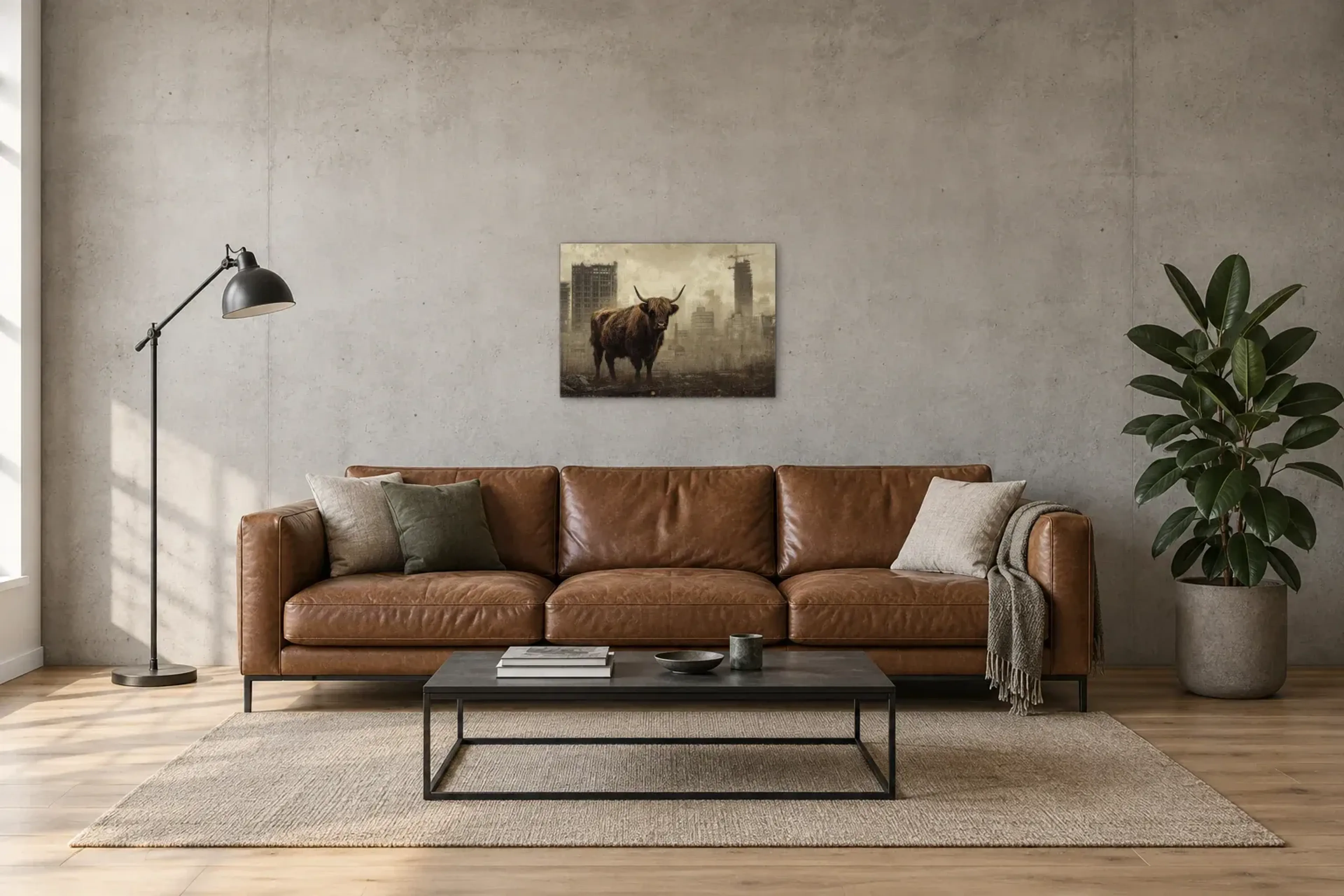 Hochlandrind zwischen Hochhäusern als Wandbild über einem 220-cm-Sofa