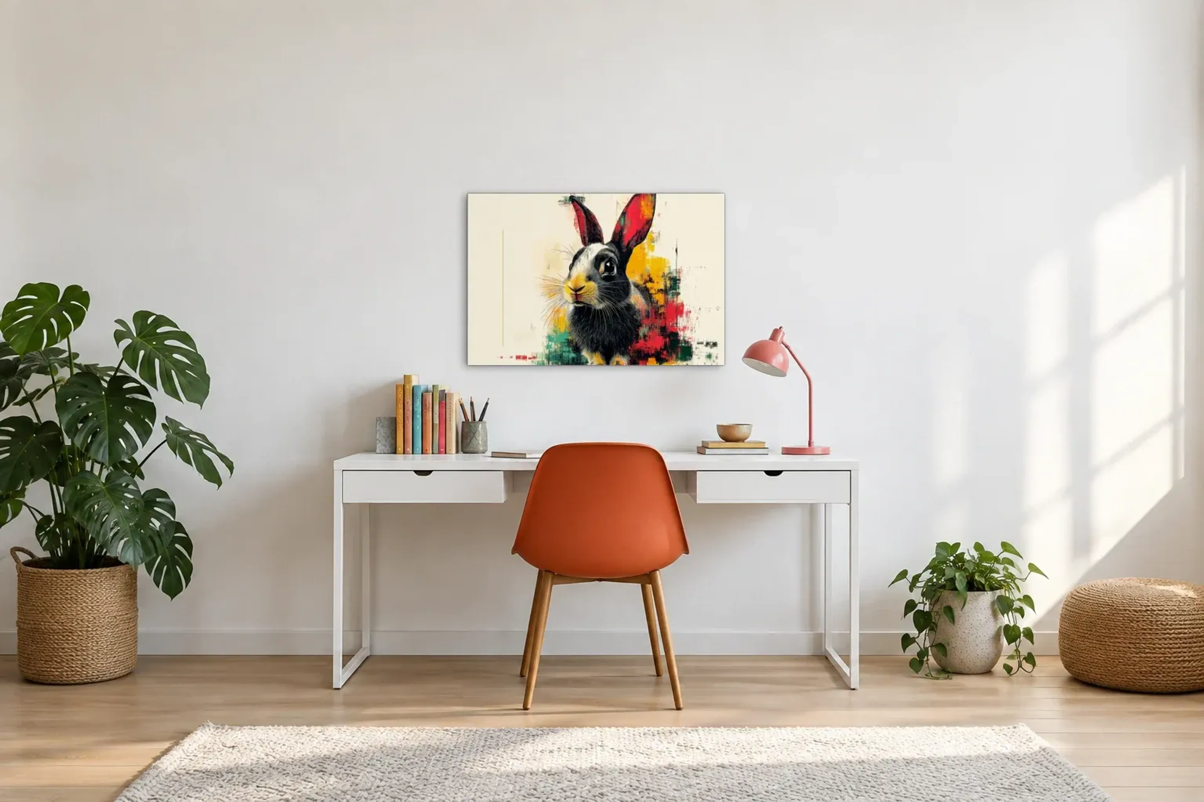 Hase auf Creme als Wandbild über einem 140-cm-Schreibtisch