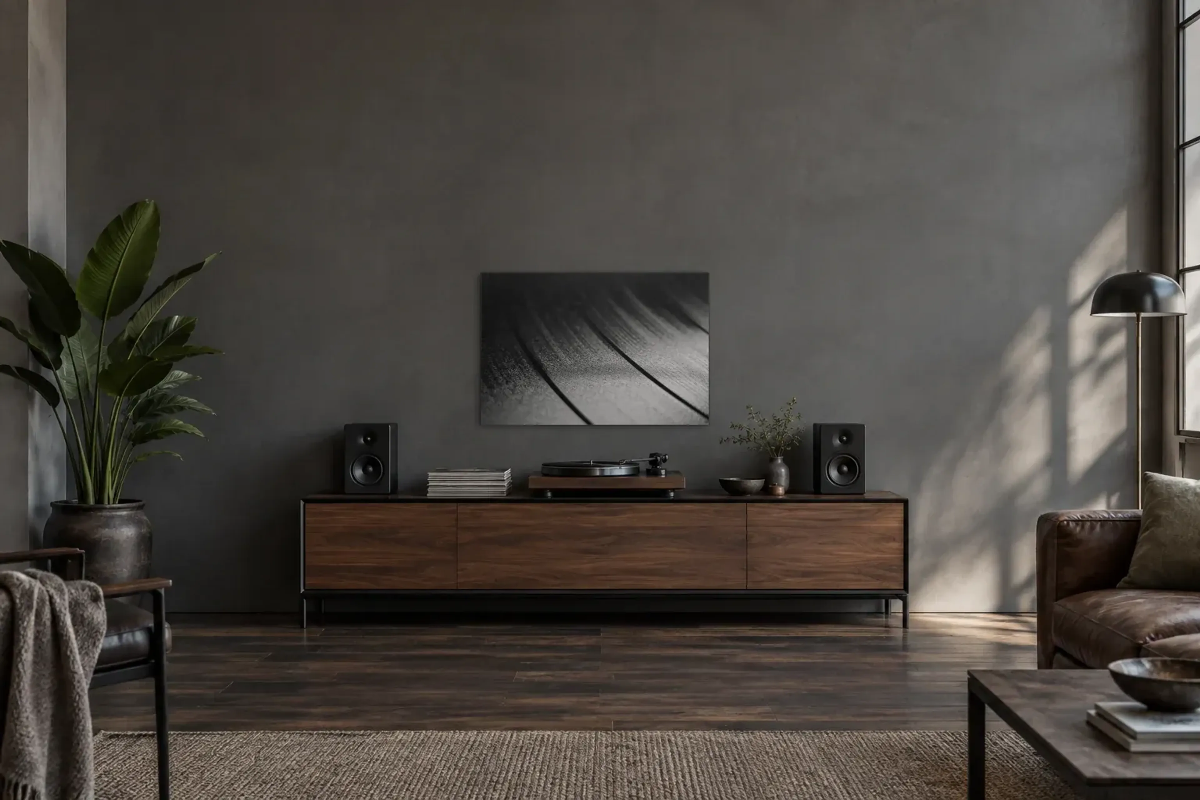 Schallplattenrillen in Schwarzweiß als Wandbild über einem 200-cm-Sideboard