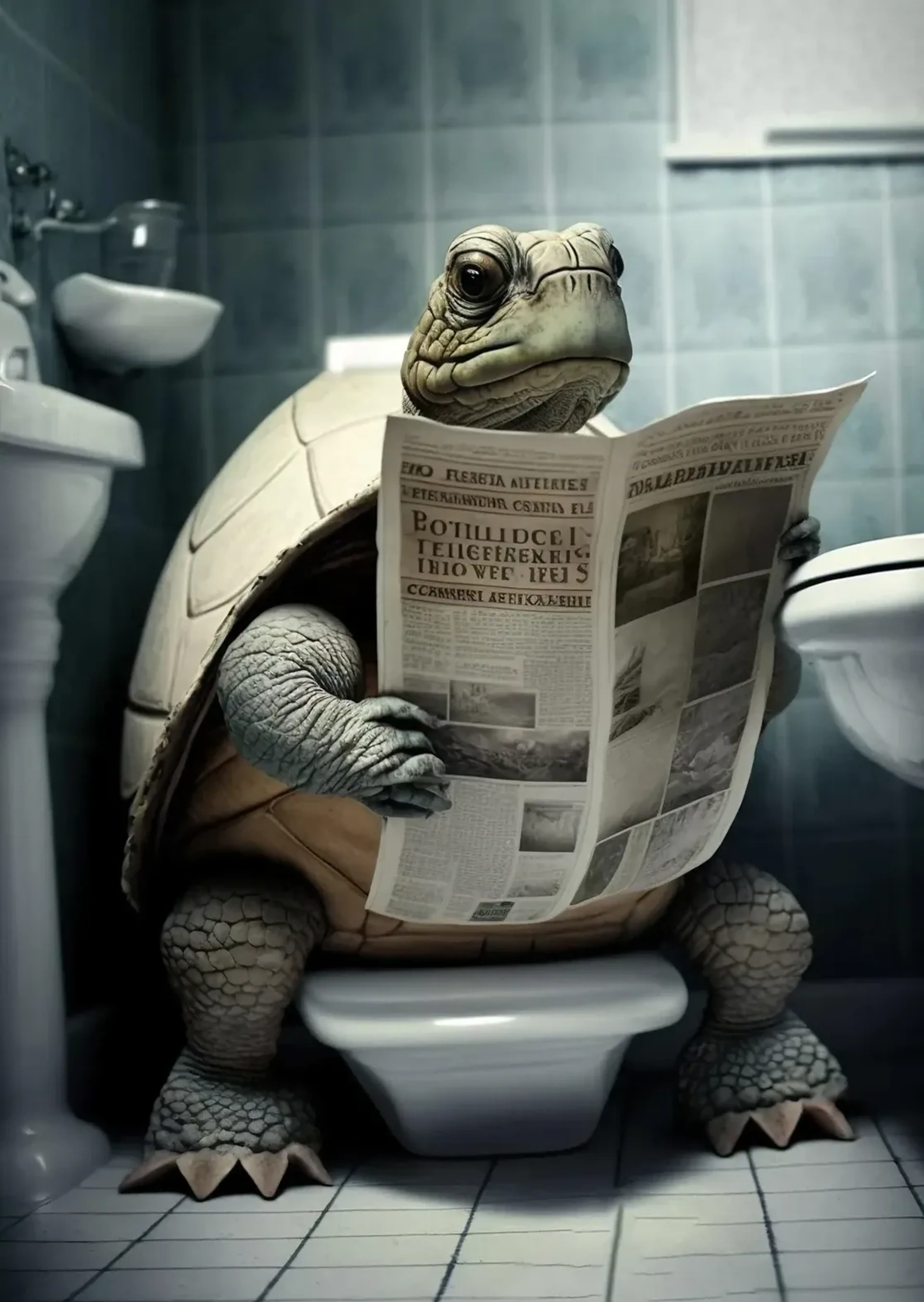 Große Schildkröte sitzt mit einer aufgefalteten Zeitung auf einer Toilette in einem blaugrau gefliesten Bad.