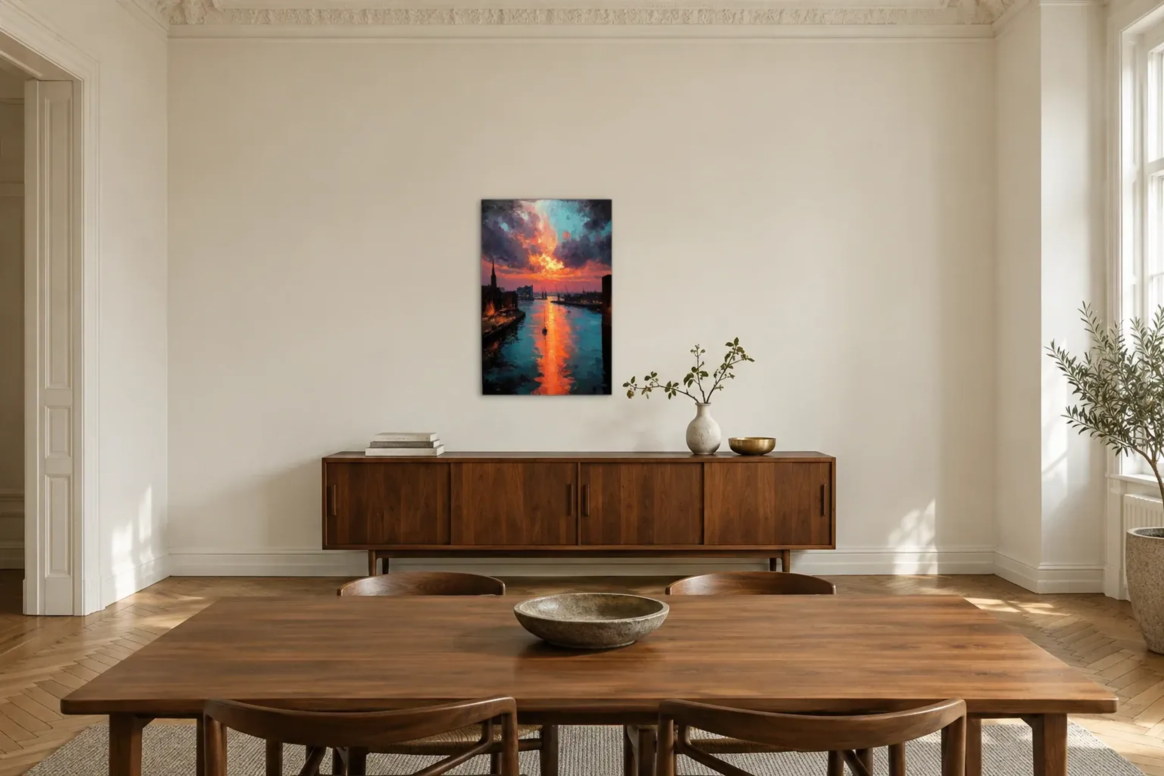 Segelboot im Abendglühen als Wandbild über einem 200-cm-Sideboard