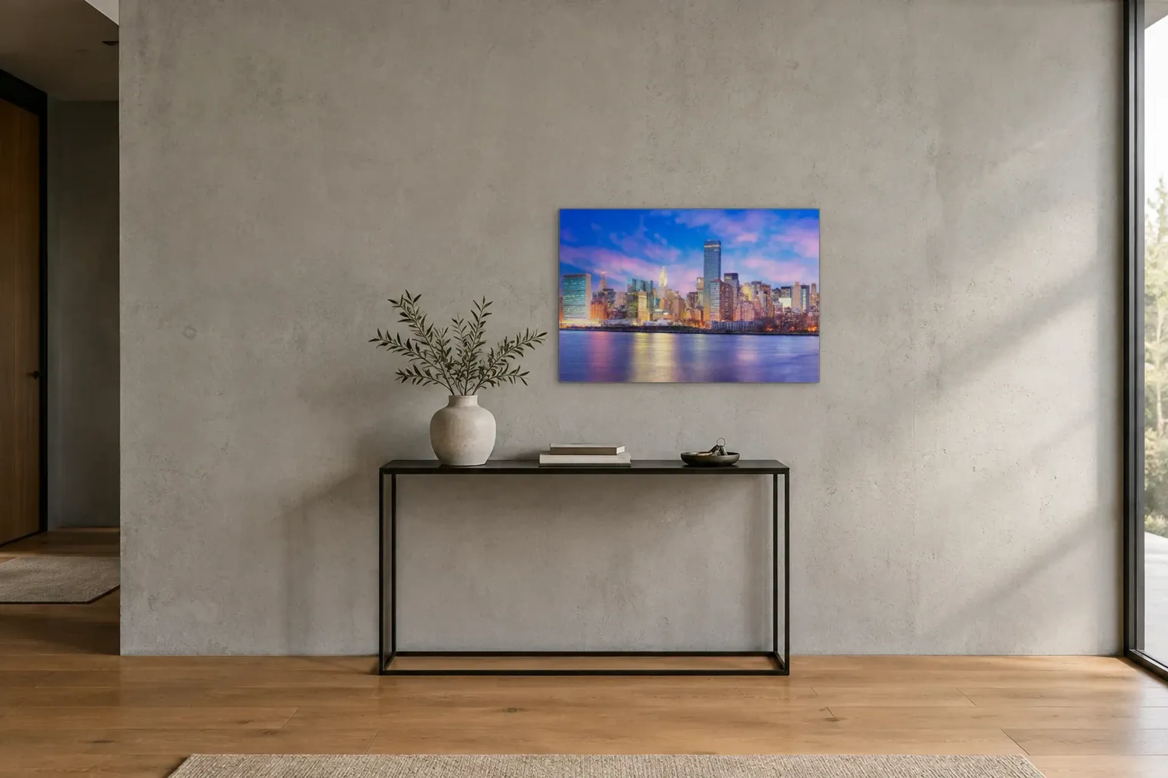 Manhattan in Blau und Rosa als Wandbild über einer 120-cm-Konsole