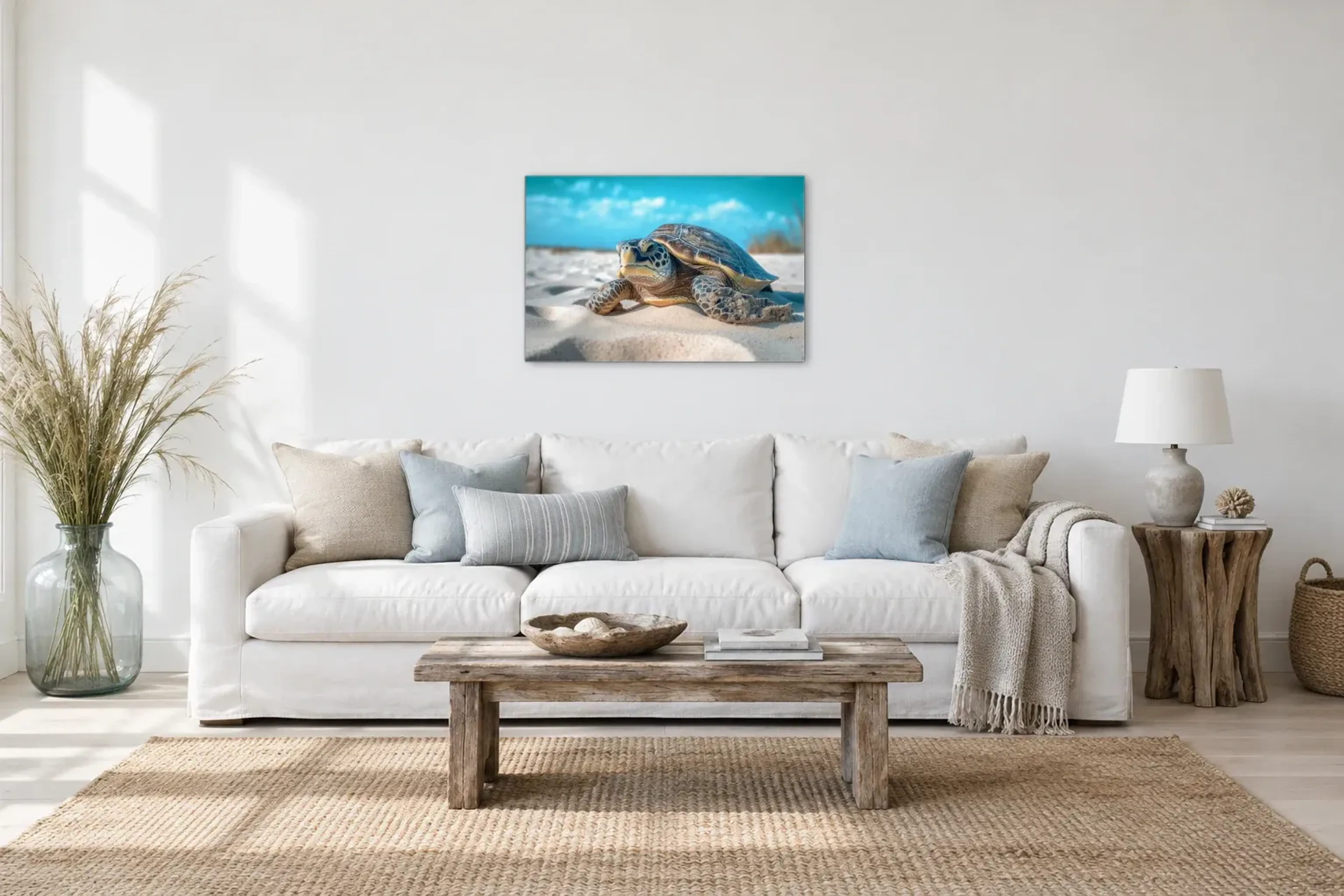 Schildkröte am Strand als Wandbild über einem 220-cm-Sofa