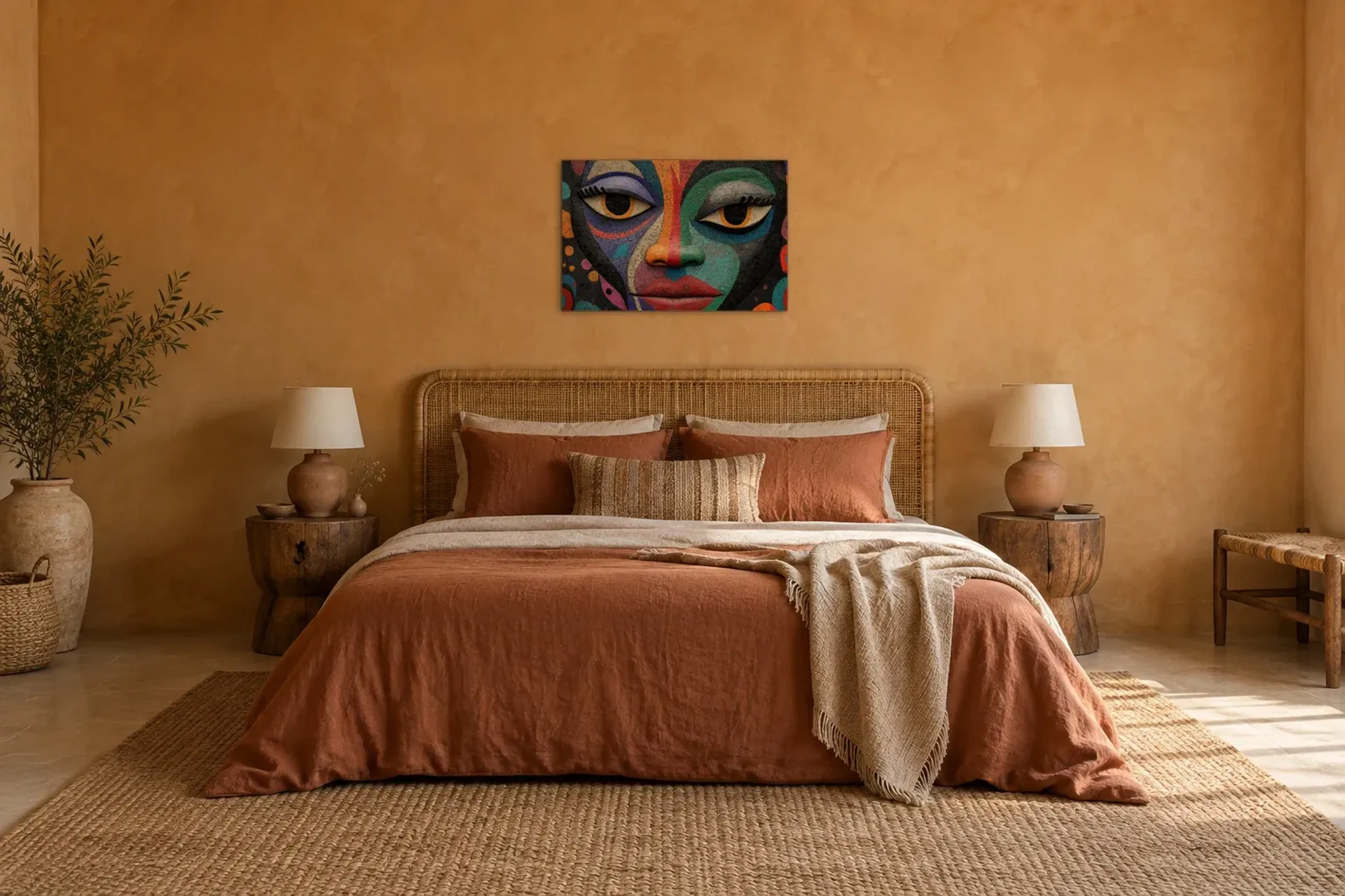 Gesicht in Farbflächen als Wandbild über einem 180-cm-Bett