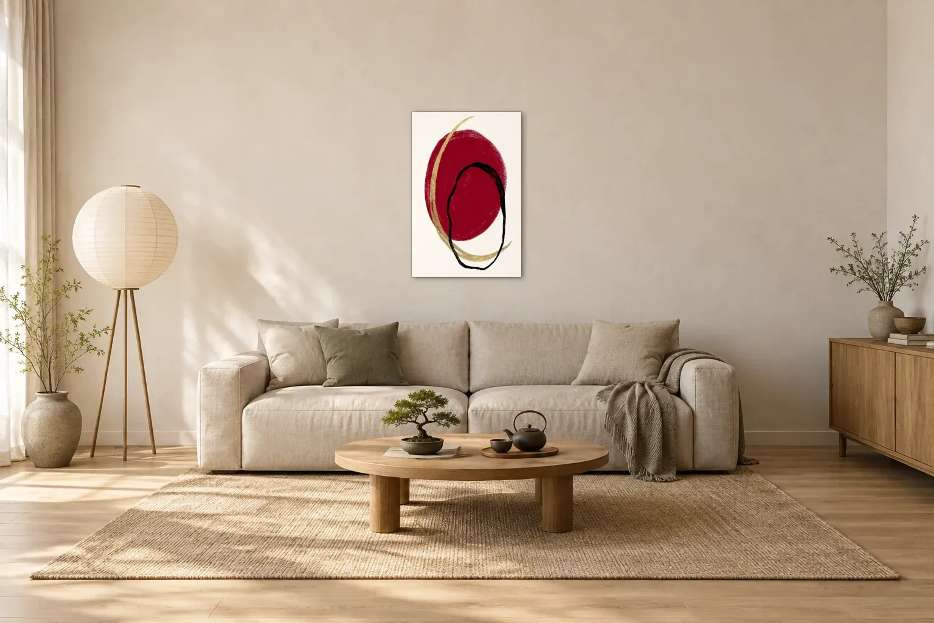 Roter Kreis mit Goldbogen als Wandbild über einem 220-cm-Sofa