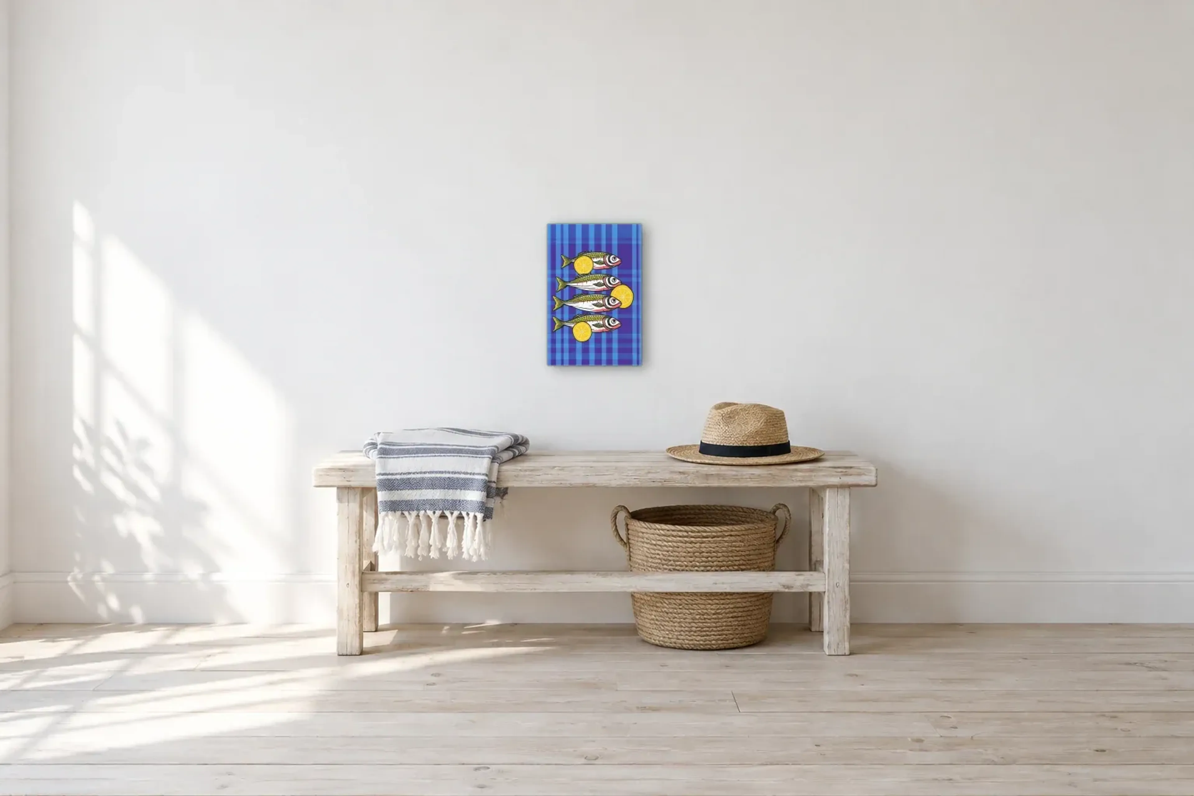 Fische auf Blau als Wandbild über einer 100-cm-Bank