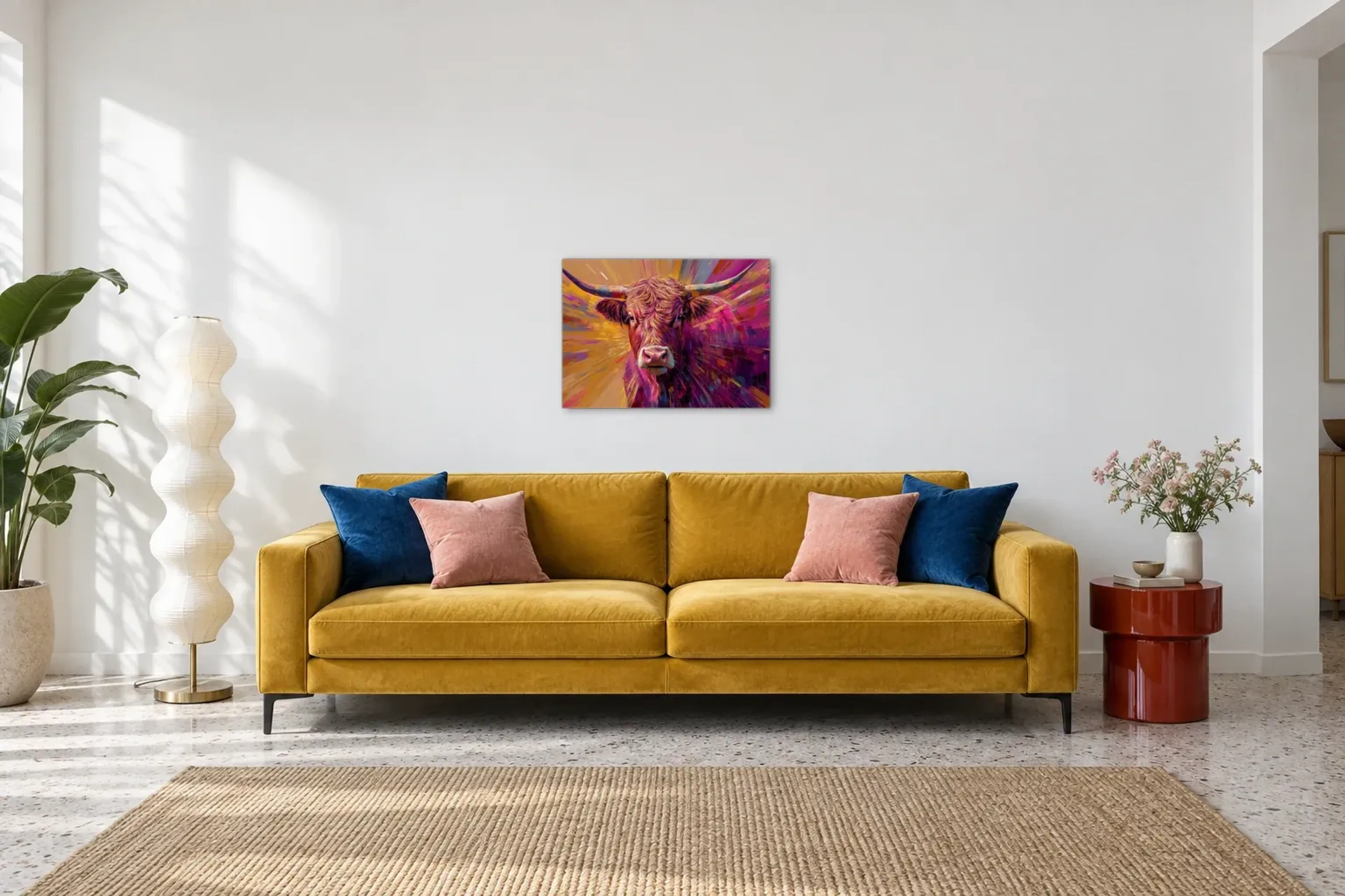 Hochlandrind im Farbenstrahl als Wandbild über einem 220-cm-Sofa
