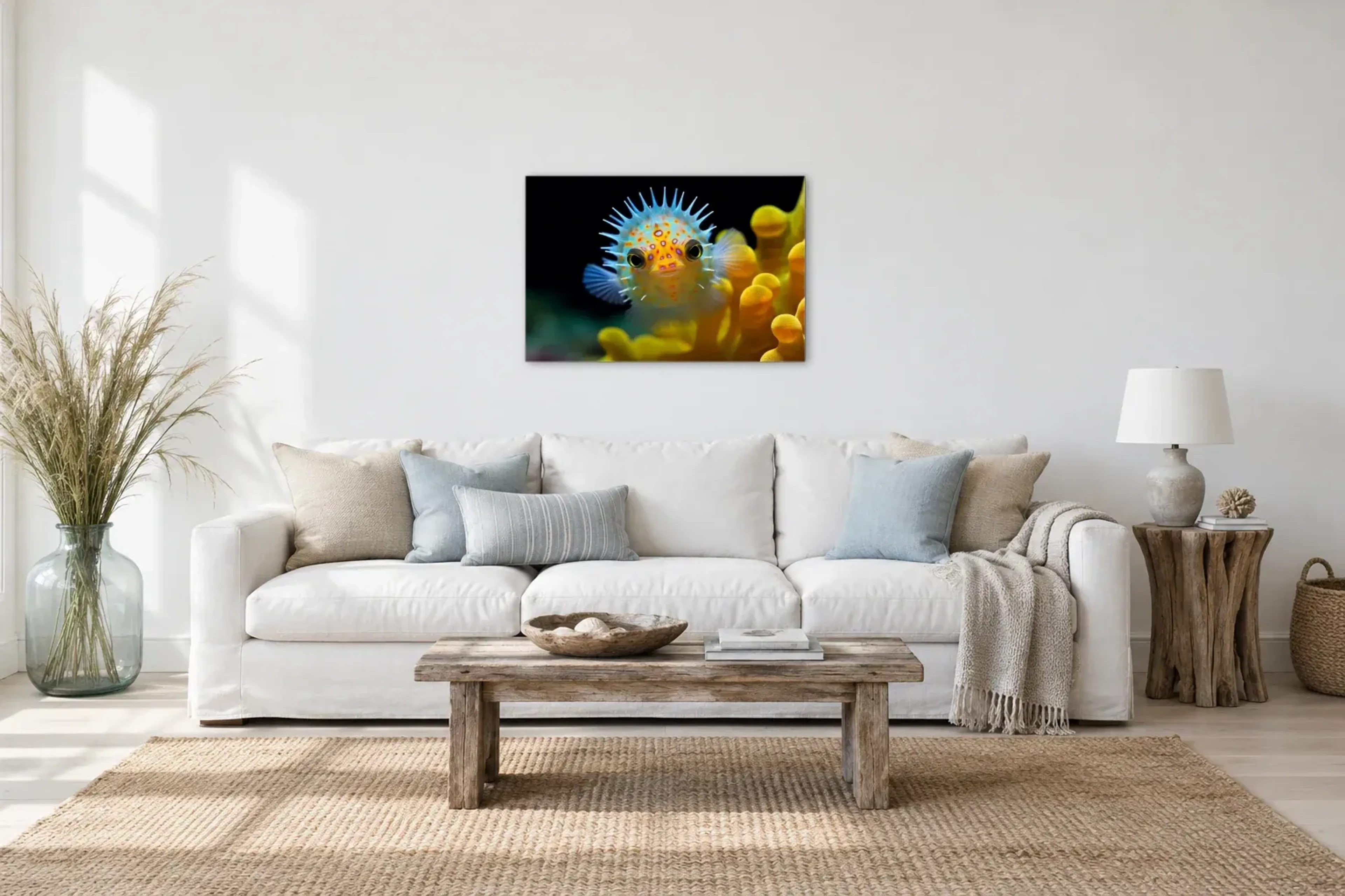Gelber Kugelfisch als Wandbild über einem 220-cm-Sofa